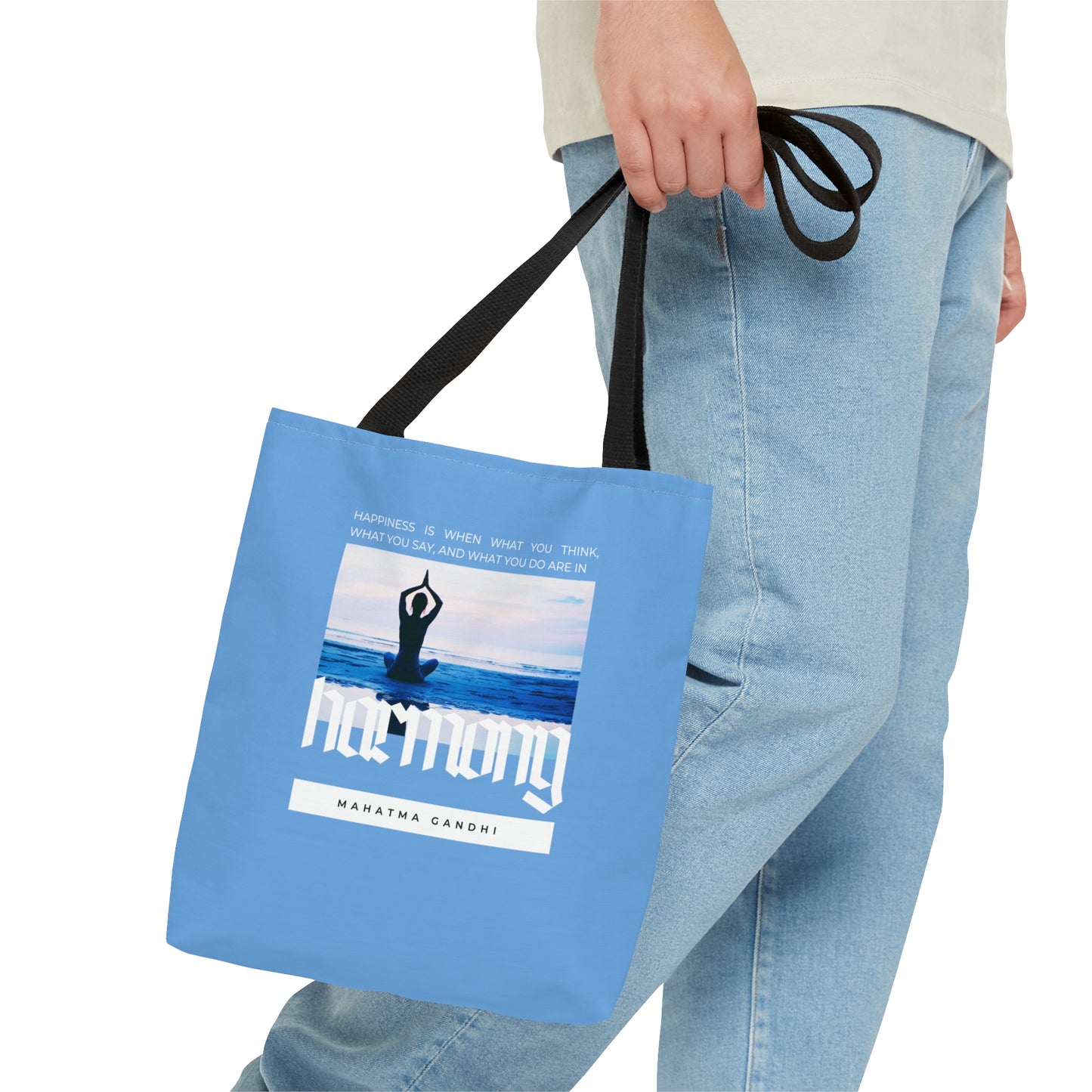 Classic Quotes Tote Bag - Mahatma Gandhi, 'Happiness is when what you think, what you say, and what you do are in harmony' - Tote Bag
