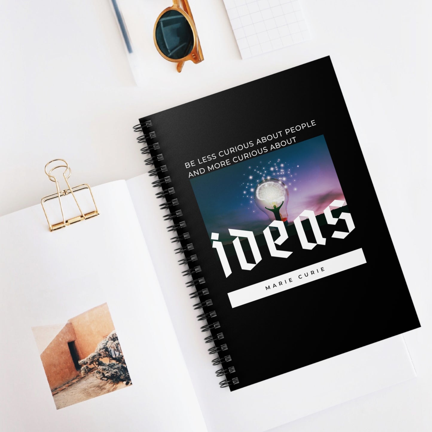 Classic Quotes Spiral Notebook - Marie Curie, 'Be less curious about people and more curious about ideas' - Spiral Notebook - Ruled Line