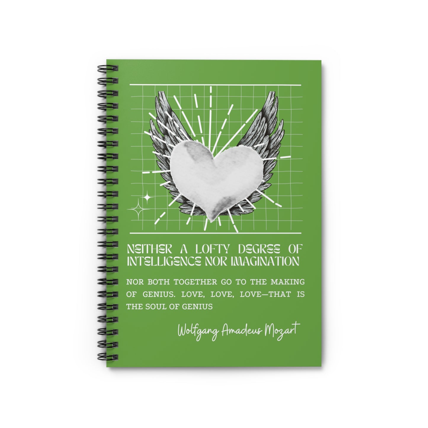 Classic Quotes Spiral Notebook - Wolfgang Amadeus Mozart, 'Neither a lofty degree of intelligence nor imagination nor both together go to the making of genius. Love, love, love—that is the soul of genius' - Spiral Notebook - Ruled Line
