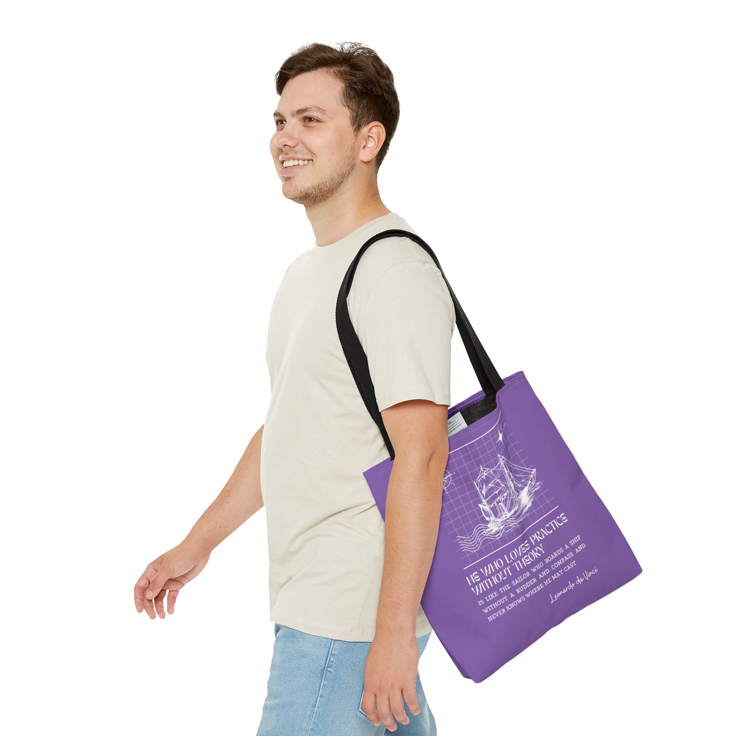Classic Quotes Tote Bag - Leonardo da Vinci, 'He who loves practice without theory is like the sailor who boards a ship without a rudder and compass and never knows where he may cast' - Tote Bag