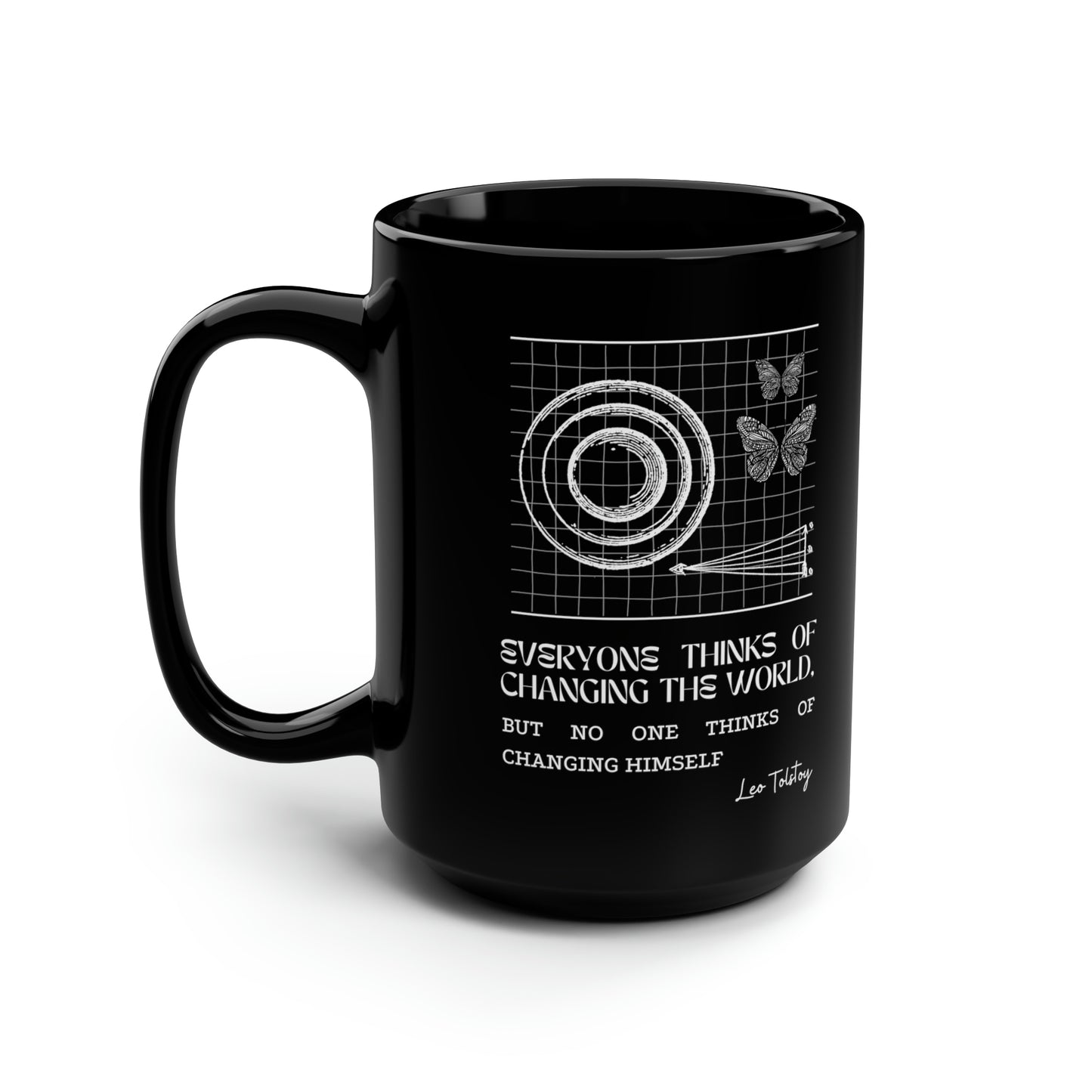 Classic Quotes Black Mug - Leo Tolstoy, 'Everyone thinks of changing the world, but no one thinks of changing himself' - 15oz Black Mug