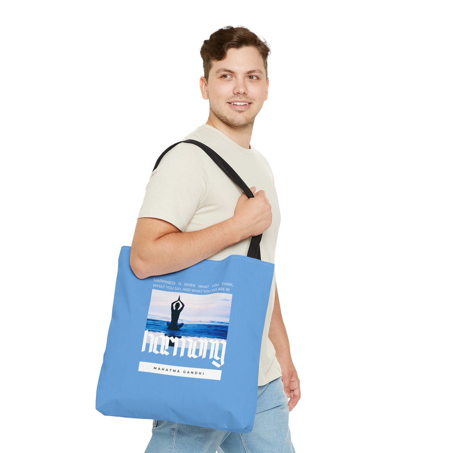 Classic Quotes Tote Bag - Mahatma Gandhi, 'Happiness is when what you think, what you say, and what you do are in harmony' - Tote Bag