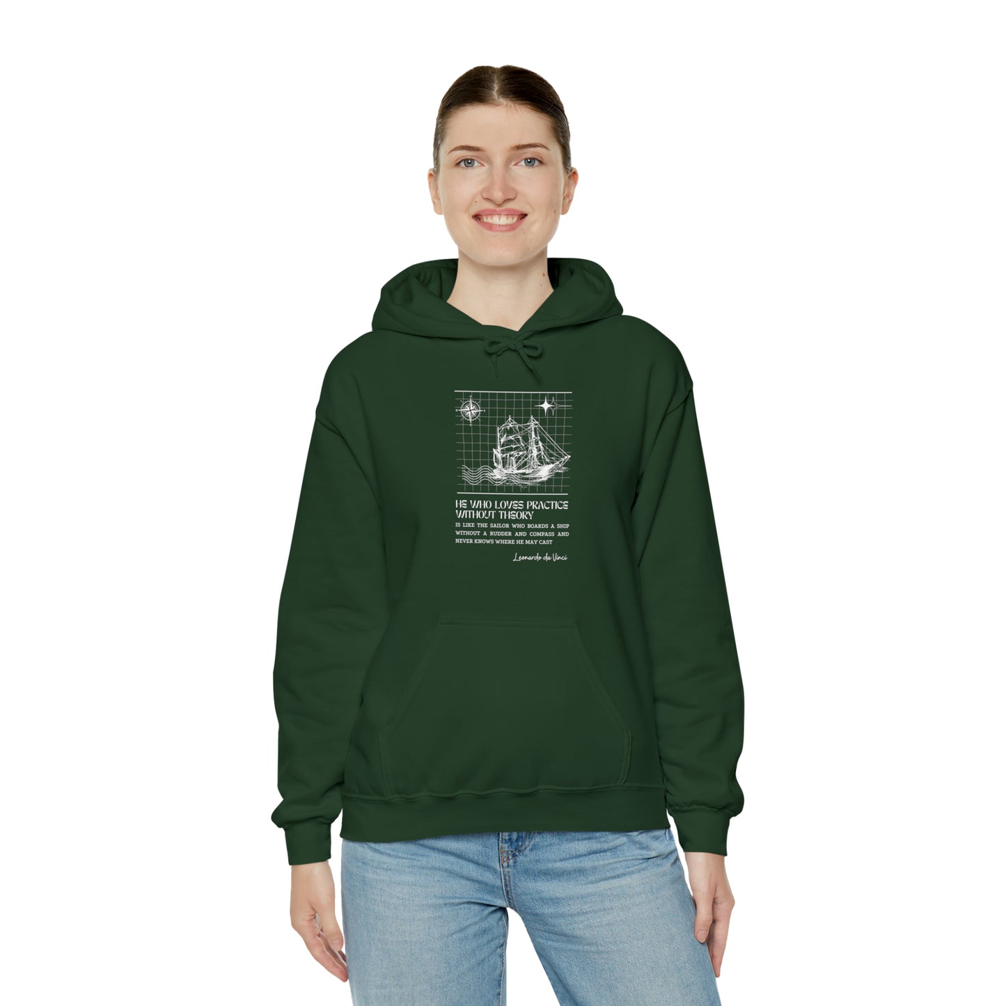 Classic Quotes Hoodie - Leonardo da Vinci, 'He who loves practice without theory is like the sailor who boards a ship without a rudder and compass and never knows where he may cast' - Unisex Heavy Blend™ Hooded Sweatshirt