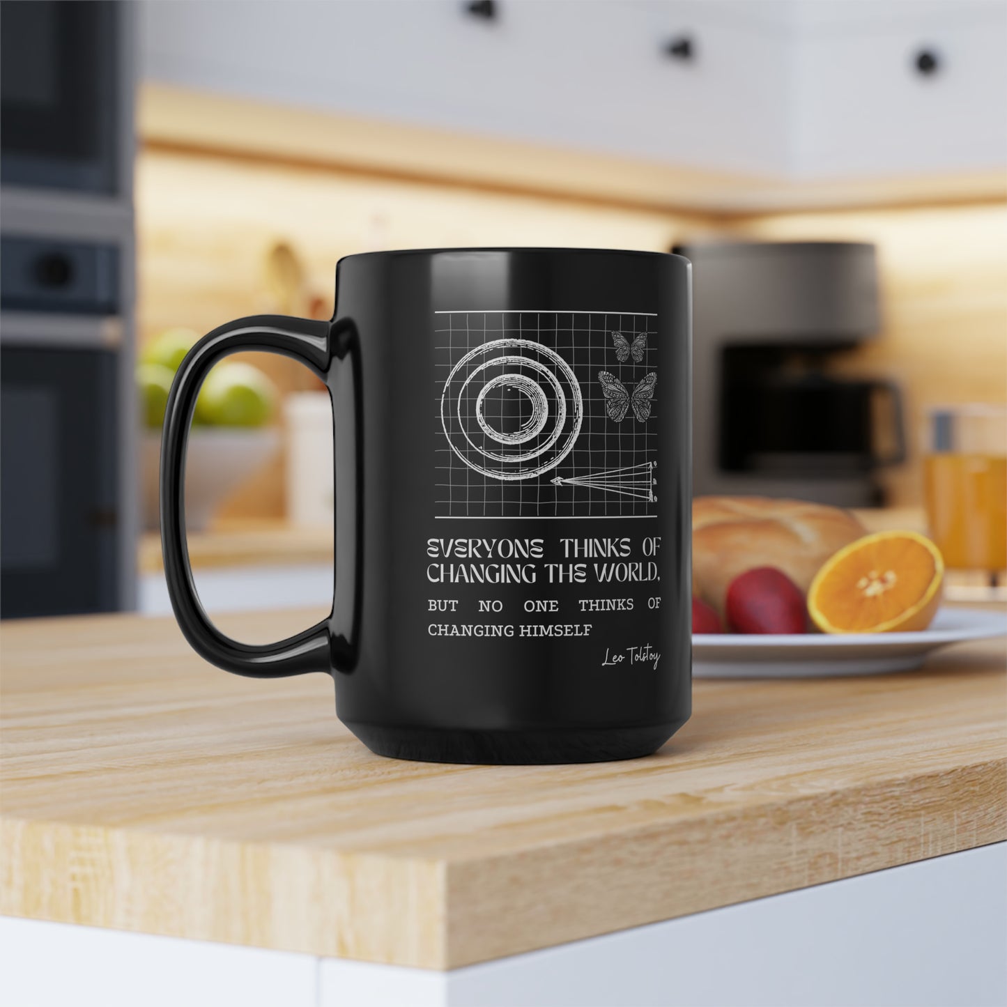 Classic Quotes Black Mug - Leo Tolstoy, 'Everyone thinks of changing the world, but no one thinks of changing himself' - 15oz Black Mug