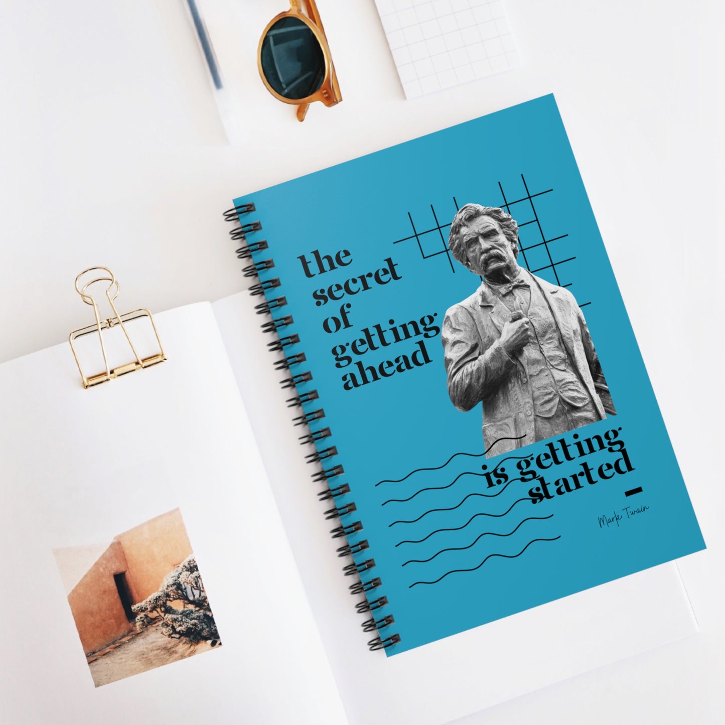 Classic Quotes Spiral Notebook - Mark Twain, 'The secret of getting ahead is getting started' - Spiral Notebook - Ruled Line