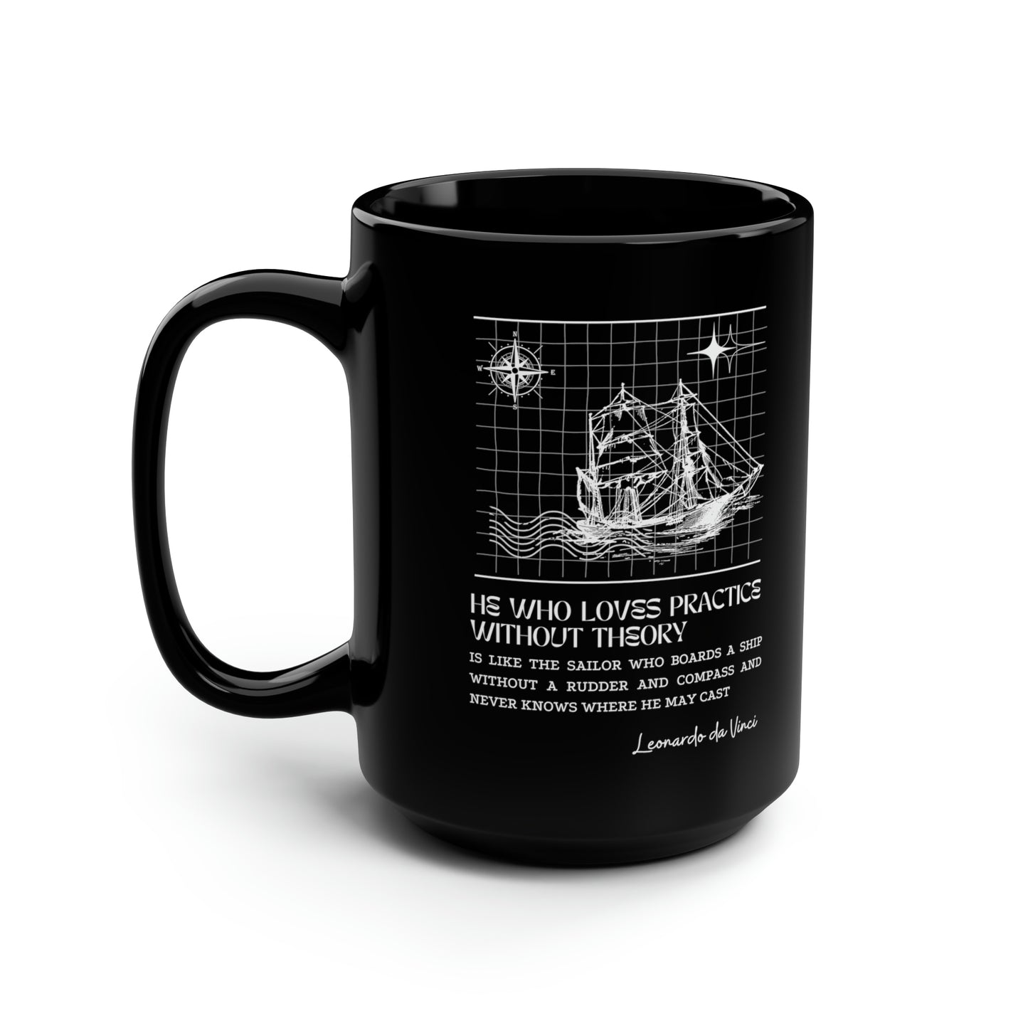 Classic Quotes Black Mug - Leonardo da Vinci, 'He who loves practice without theory is like the sailor who boards a ship without a rudder and compass and never knows where he may cast' - 15oz Black Mug