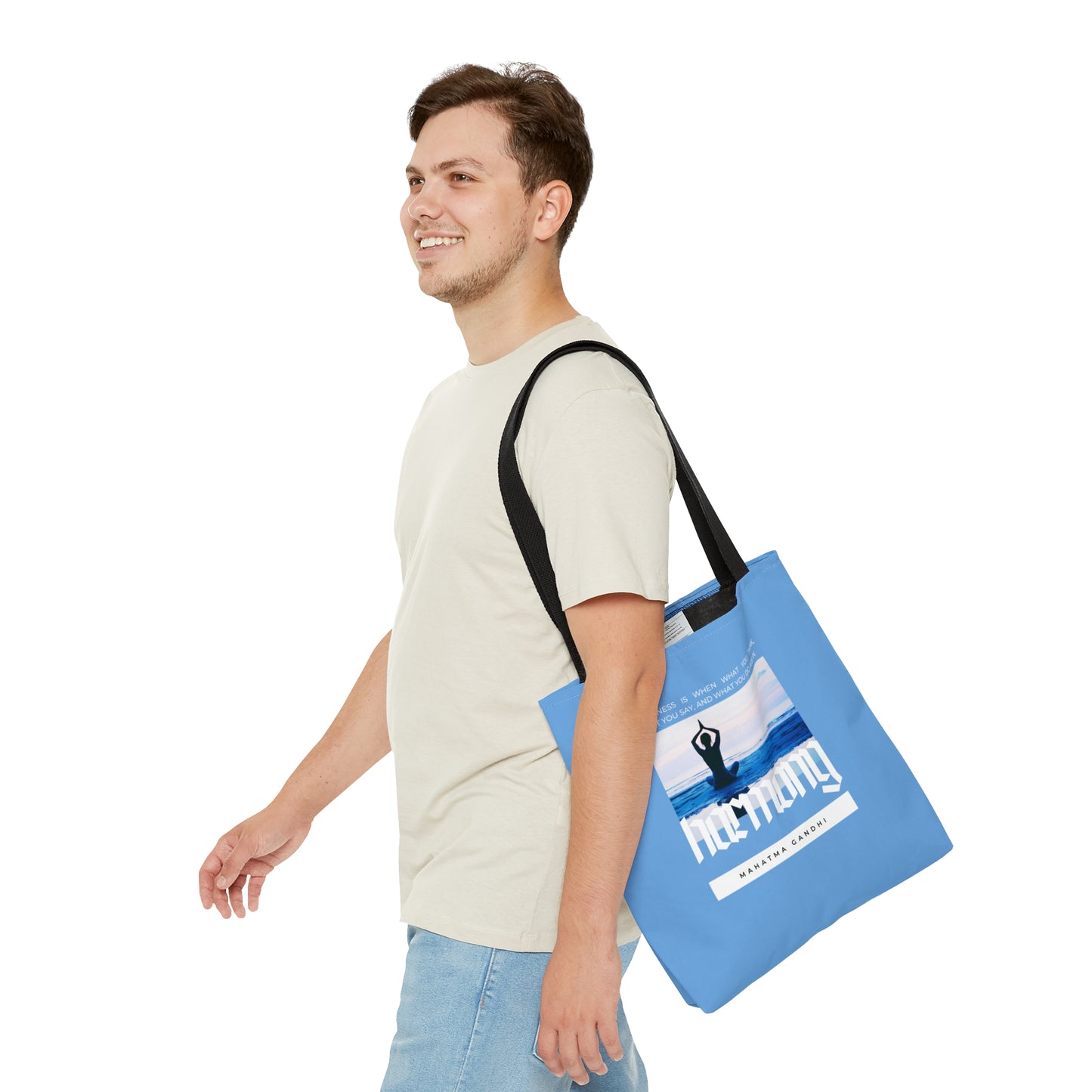 Classic Quotes Tote Bag - Mahatma Gandhi, 'Happiness is when what you think, what you say, and what you do are in harmony' - Tote Bag