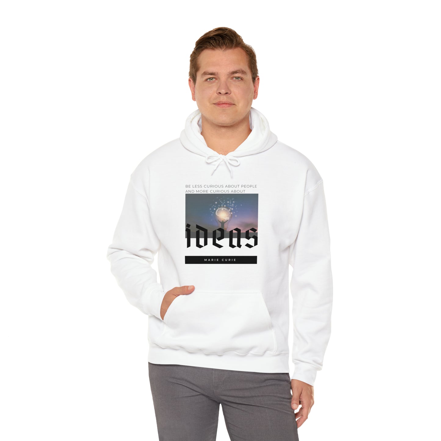 Classic Quotes Hoodie - Marie Curie, 'Be less curious about people and more curious about ideas' - Unisex Heavy Blend™ Hooded Sweatshirt