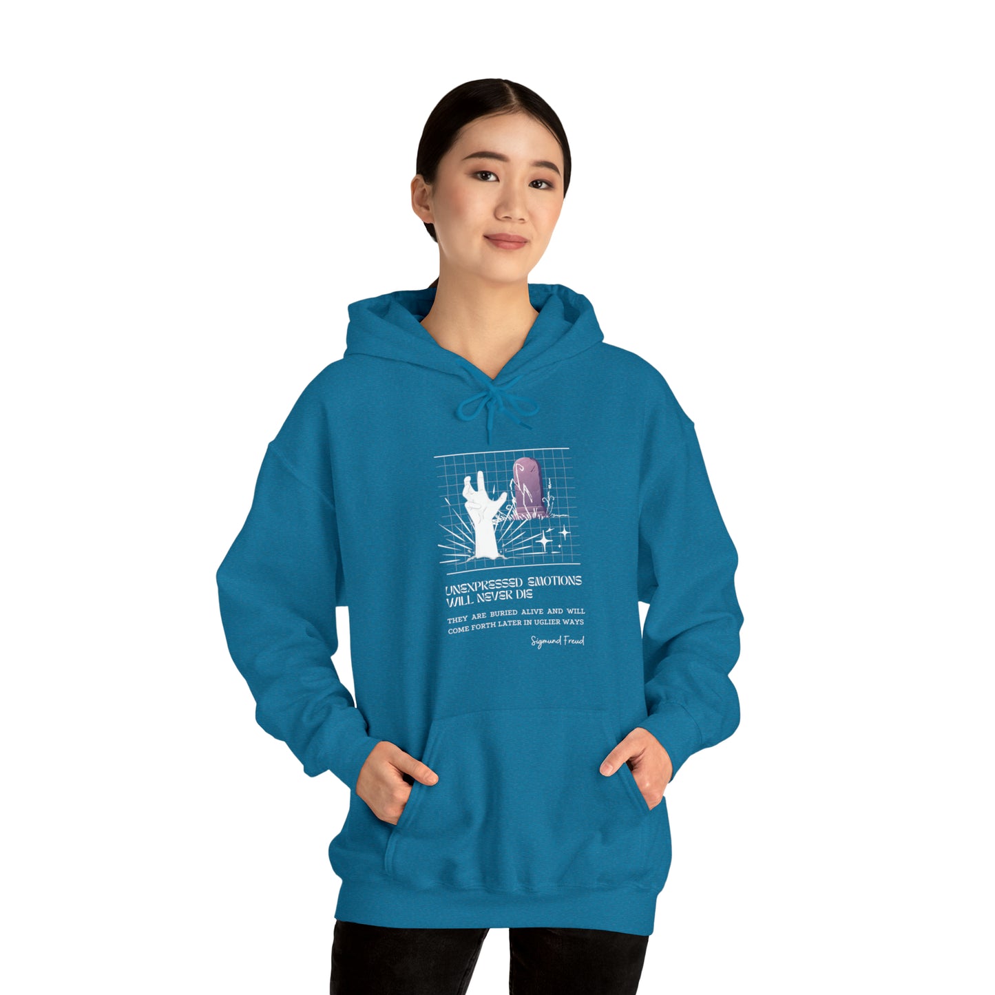 Classic Quotes Hoodie - Sigmund Freud, 'Unexpressed emotions will never die. They are buried alive and will come forth later in uglier ways' - Unisex Heavy Blend™ Hooded Sweatshirt