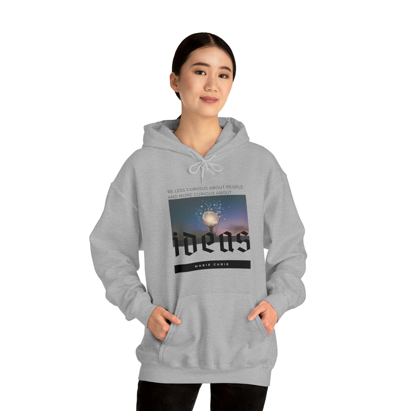 Classic Quotes Hoodie - Marie Curie, 'Be less curious about people and more curious about ideas' - Unisex Heavy Blend™ Hooded Sweatshirt