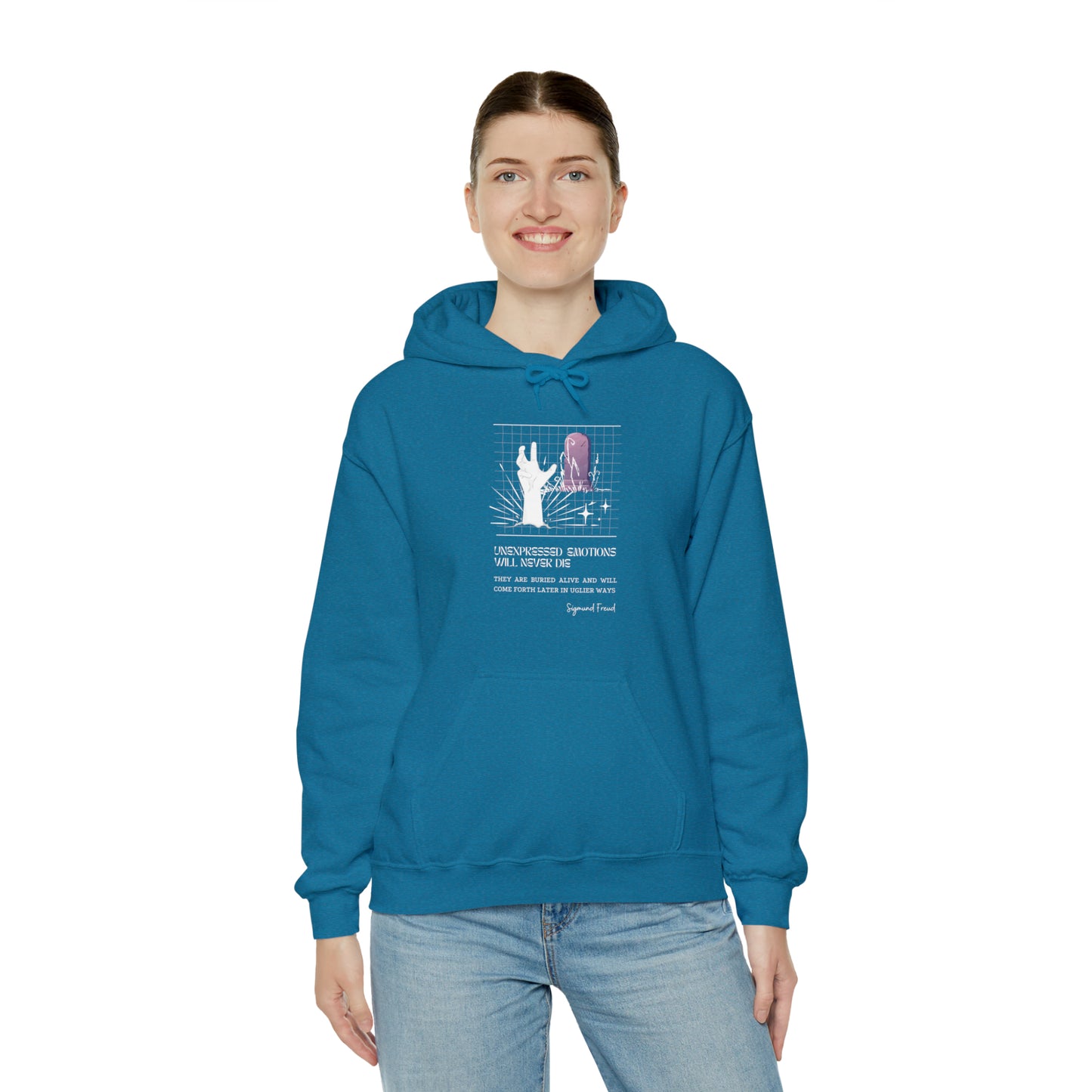 Classic Quotes Hoodie - Sigmund Freud, 'Unexpressed emotions will never die. They are buried alive and will come forth later in uglier ways' - Unisex Heavy Blend™ Hooded Sweatshirt