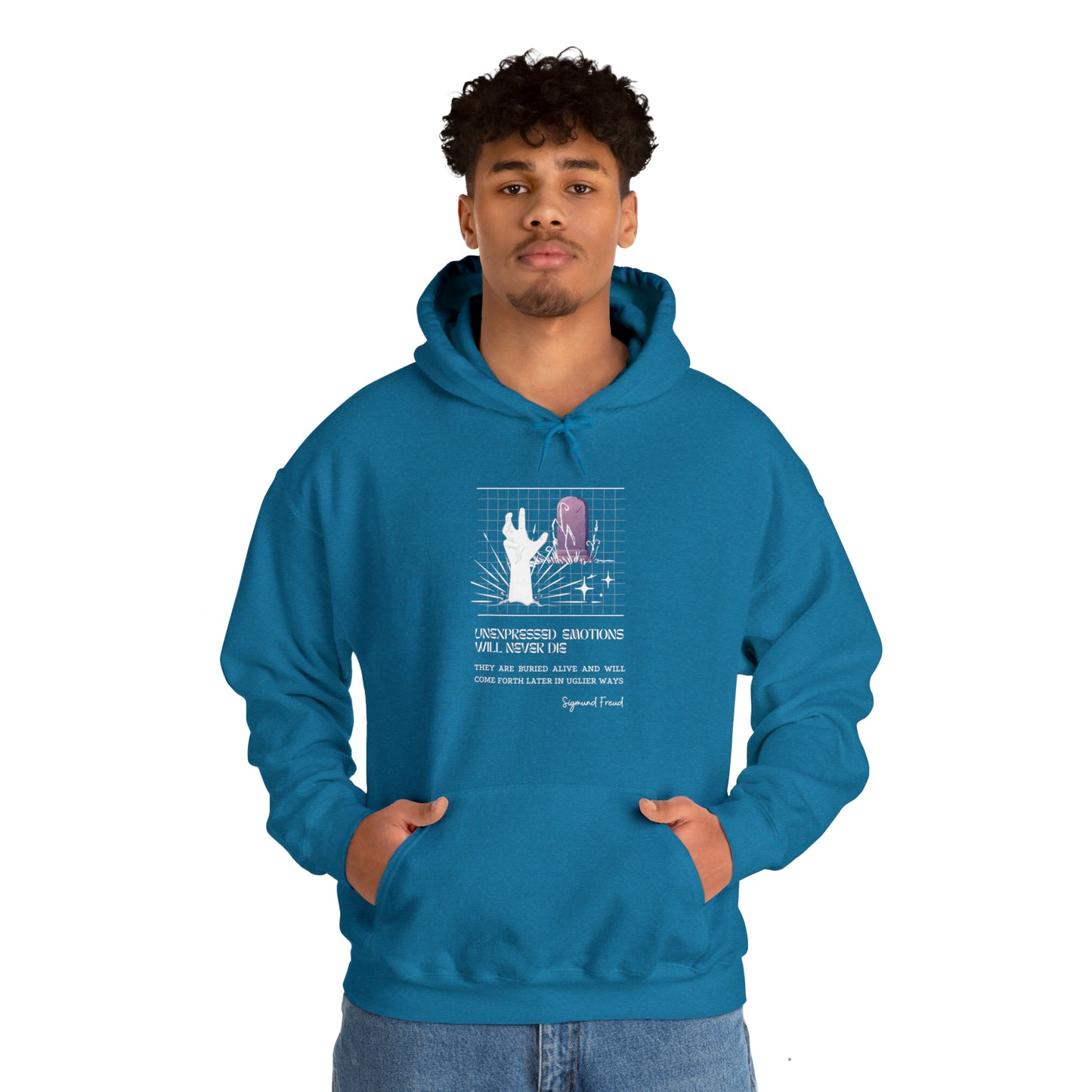 Classic Quotes Hoodie - Sigmund Freud, 'Unexpressed emotions will never die. They are buried alive and will come forth later in uglier ways' - Unisex Heavy Blend™ Hooded Sweatshirt