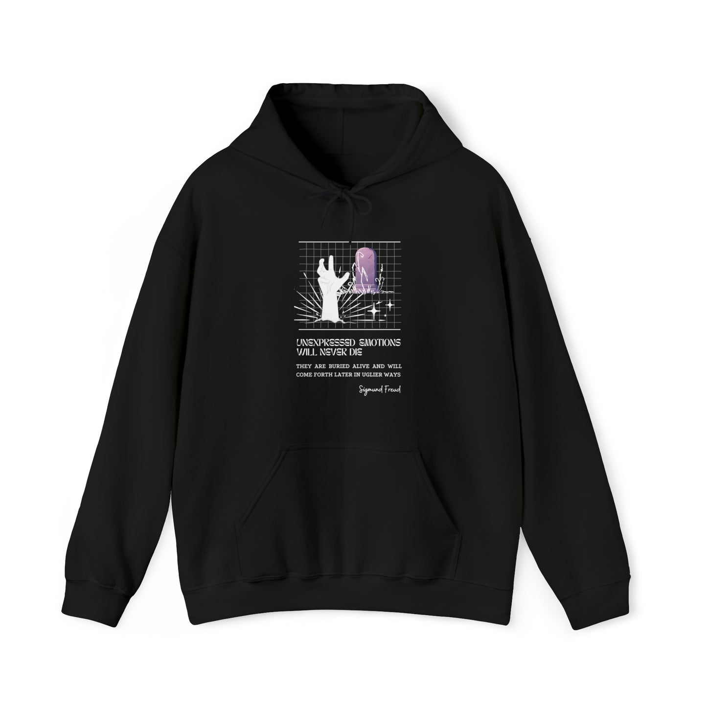 Classic Quotes Hoodie - Sigmund Freud, 'Unexpressed emotions will never die. They are buried alive and will come forth later in uglier ways' - Unisex Heavy Blend™ Hooded Sweatshirt