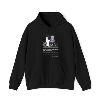 Classic Quotes Hoodie - Sigmund Freud, 'Unexpressed emotions will never die. They are buried alive and will come forth later in uglier ways' - Unisex Heavy Blend™ Hooded Sweatshirt