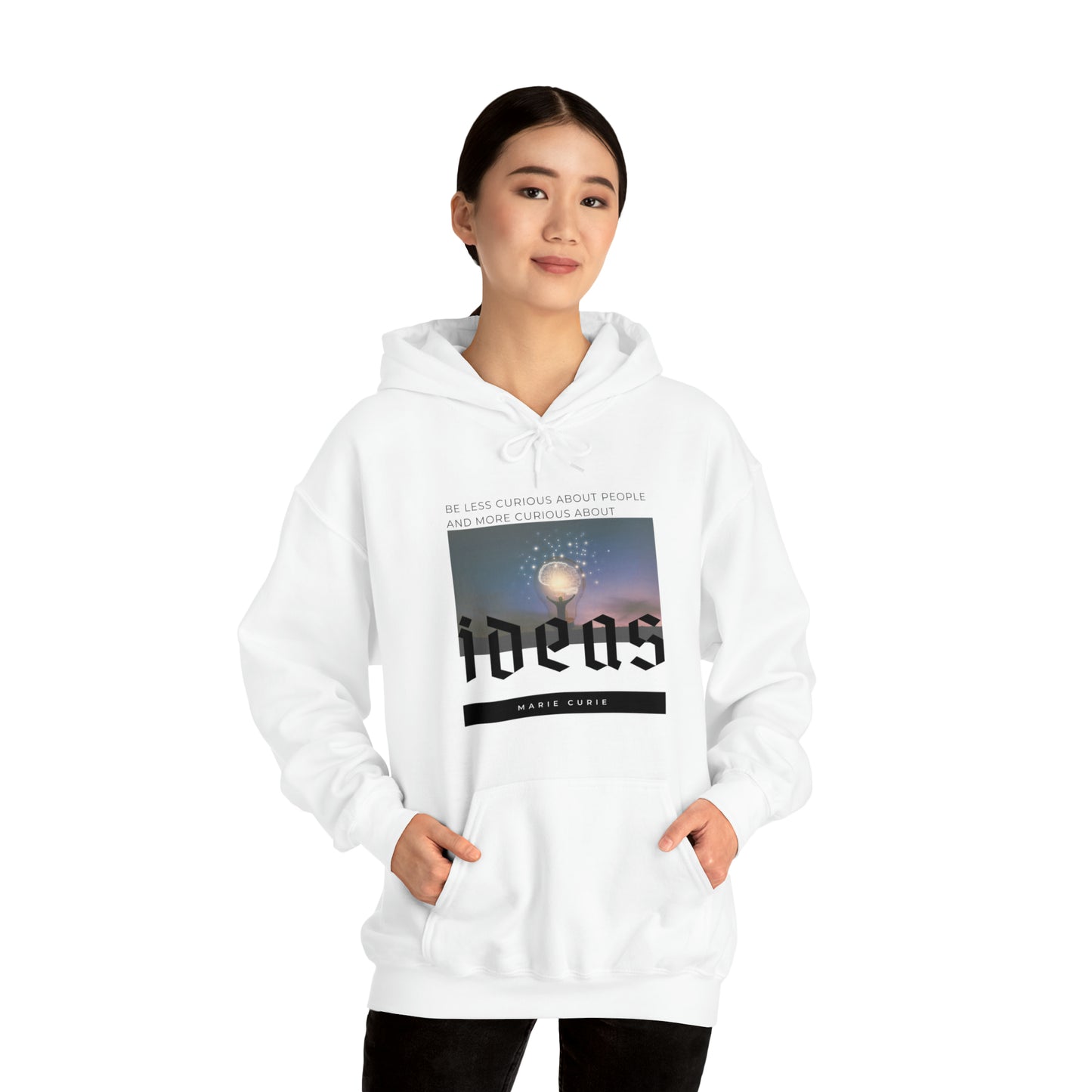 Classic Quotes Hoodie - Marie Curie, 'Be less curious about people and more curious about ideas' - Unisex Heavy Blend™ Hooded Sweatshirt