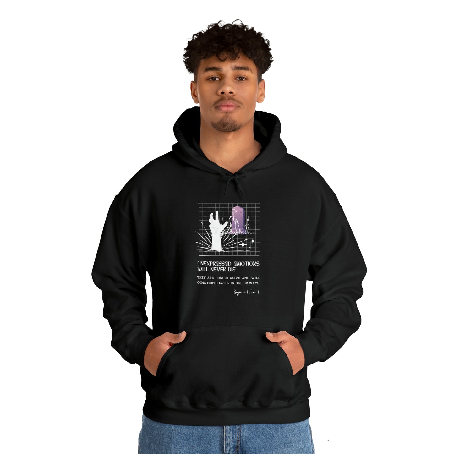 Classic Quotes Hoodie - Sigmund Freud, 'Unexpressed emotions will never die. They are buried alive and will come forth later in uglier ways' - Unisex Heavy Blend™ Hooded Sweatshirt