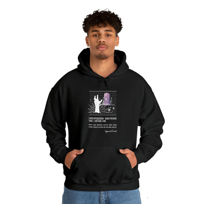 Classic Quotes Hoodie - Sigmund Freud, 'Unexpressed emotions will never die. They are buried alive and will come forth later in uglier ways' - Unisex Heavy Blend™ Hooded Sweatshirt
