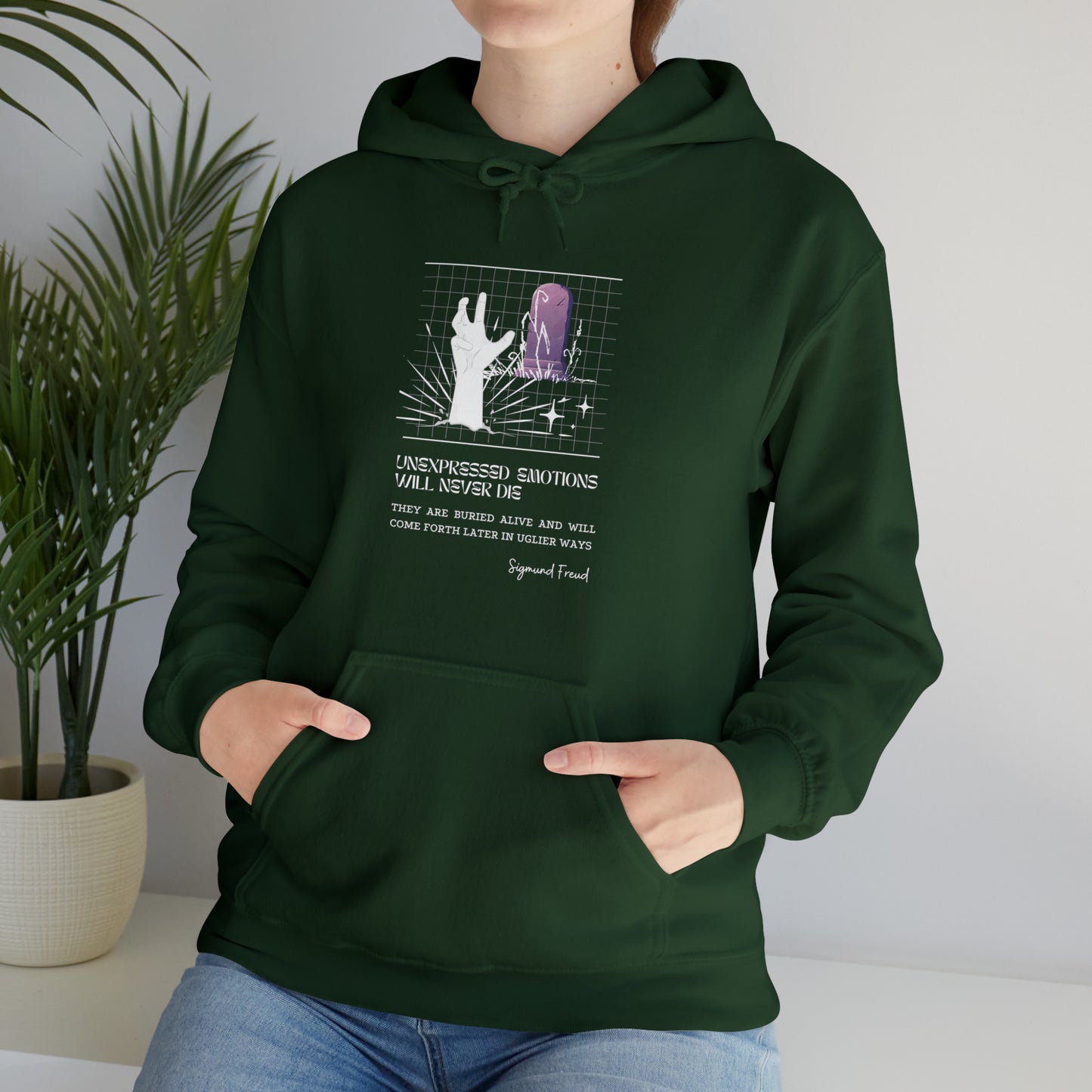 Classic Quotes Hoodie - Sigmund Freud, 'Unexpressed emotions will never die. They are buried alive and will come forth later in uglier ways' - Unisex Heavy Blend™ Hooded Sweatshirt