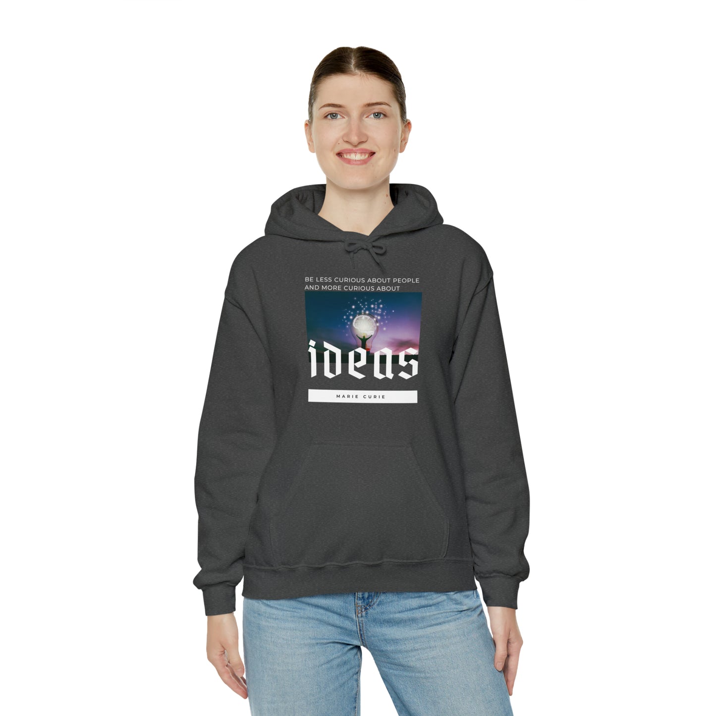 Classic Quotes Hoodie - Marie Curie, 'Be less curious about people and more curious about ideas' - Unisex Heavy Blend™ Hooded Sweatshirt