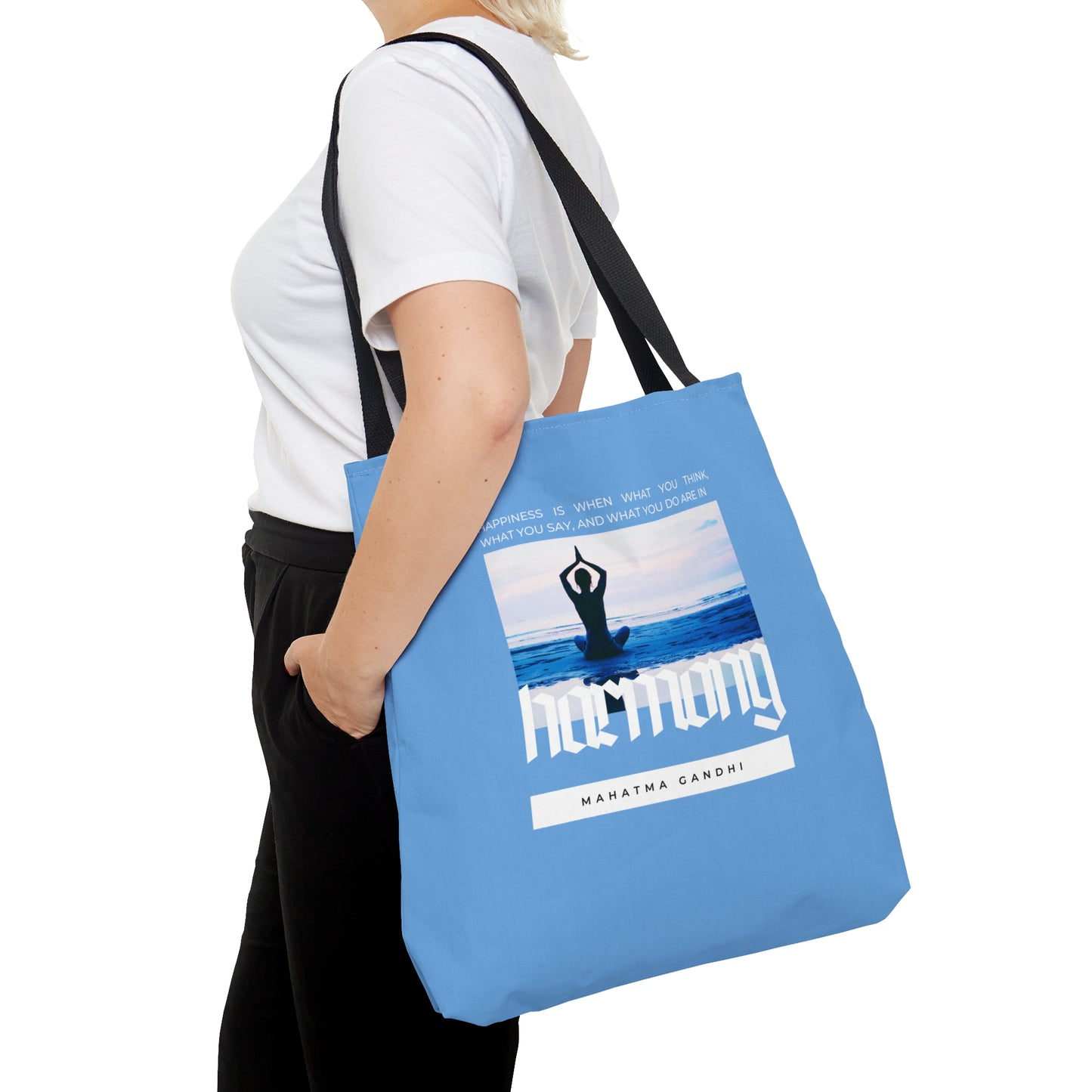 Classic Quotes Tote Bag - Mahatma Gandhi, 'Happiness is when what you think, what you say, and what you do are in harmony' - Tote Bag