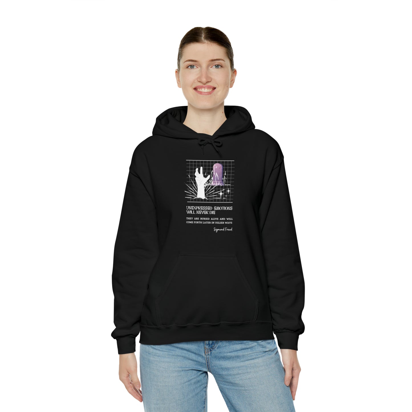 Classic Quotes Hoodie - Sigmund Freud, 'Unexpressed emotions will never die. They are buried alive and will come forth later in uglier ways' - Unisex Heavy Blend™ Hooded Sweatshirt
