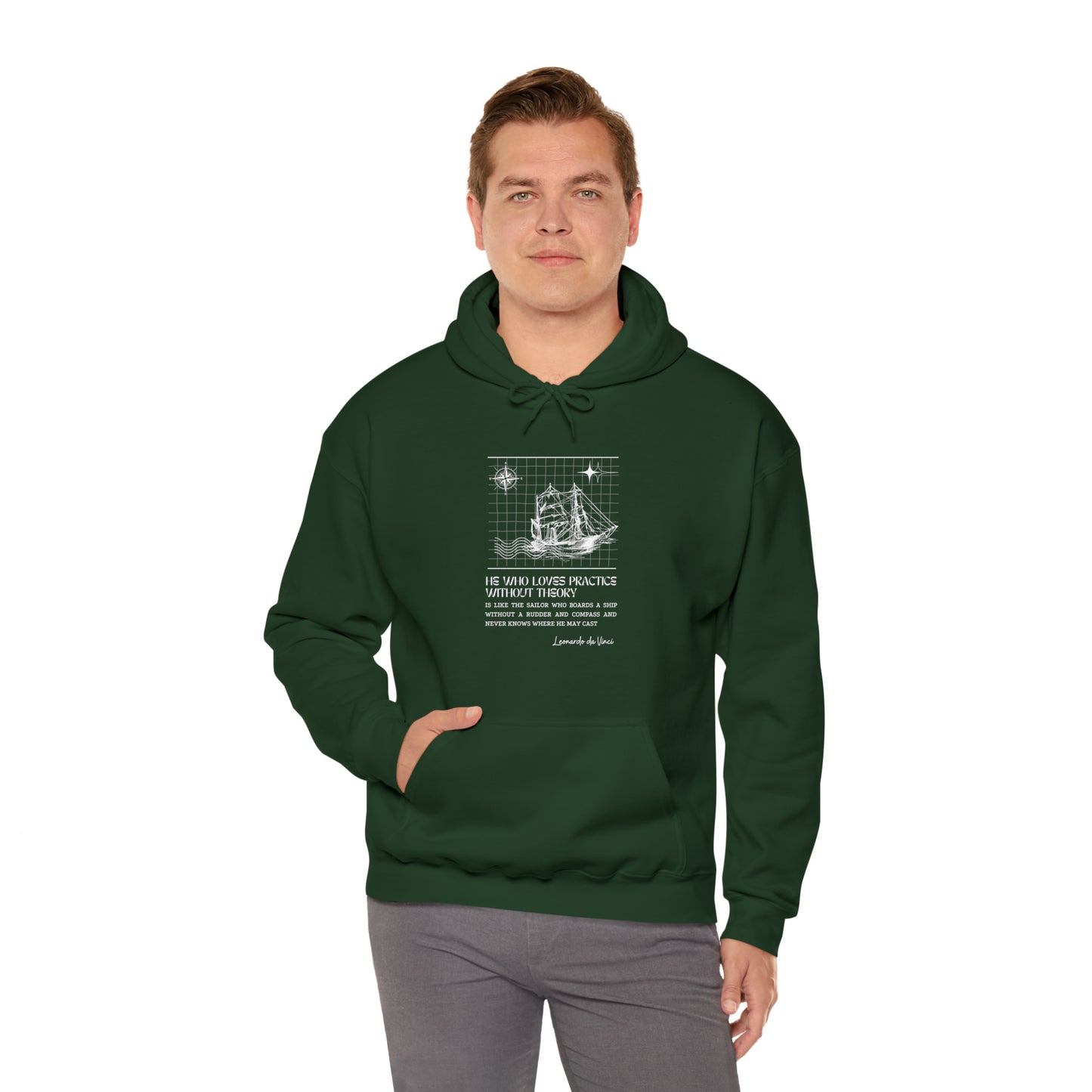 Classic Quotes Hoodie - Leonardo da Vinci, 'He who loves practice without theory is like the sailor who boards a ship without a rudder and compass and never knows where he may cast' - Unisex Heavy Blend™ Hooded Sweatshirt