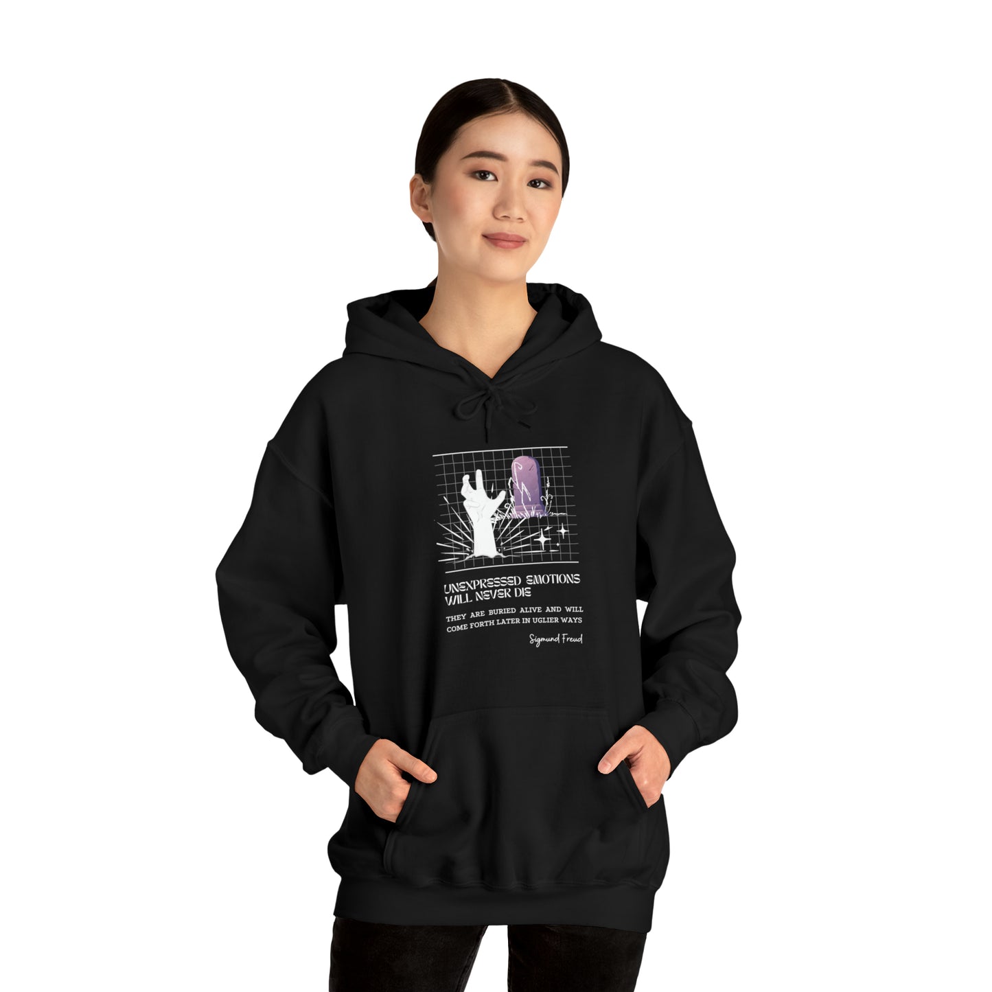 Classic Quotes Hoodie - Sigmund Freud, 'Unexpressed emotions will never die. They are buried alive and will come forth later in uglier ways' - Unisex Heavy Blend™ Hooded Sweatshirt