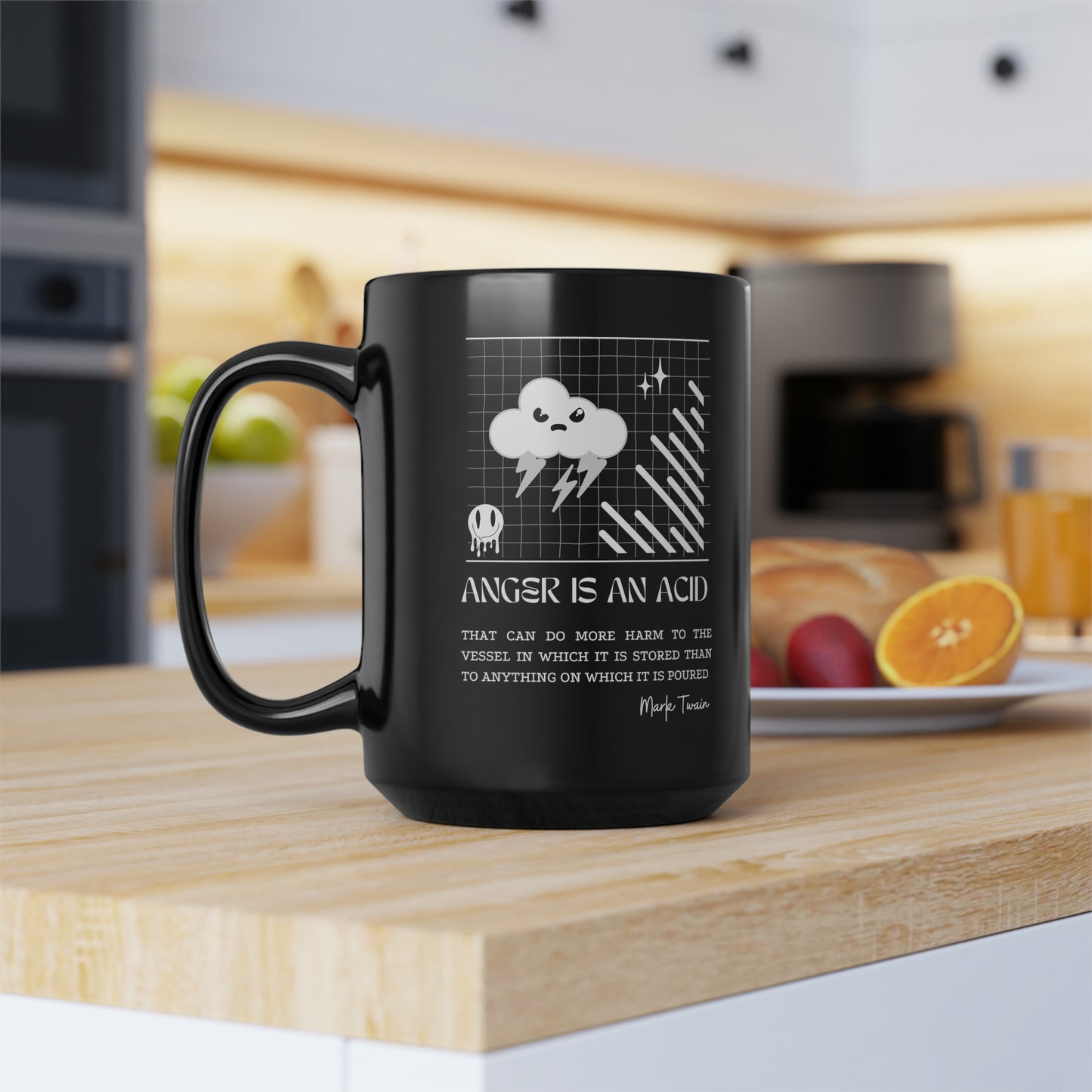 Classic Quotes Black Mug - Mark Twain, 'Anger is an acid that can do more harm to the vessel in which it is stored than to anything on which it is poured' - 15oz Black Mug