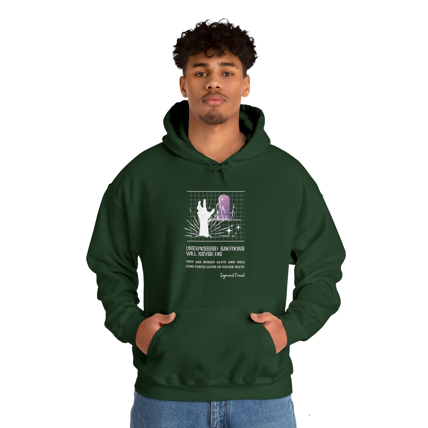 Classic Quotes Hoodie - Sigmund Freud, 'Unexpressed emotions will never die. They are buried alive and will come forth later in uglier ways' - Unisex Heavy Blend™ Hooded Sweatshirt
