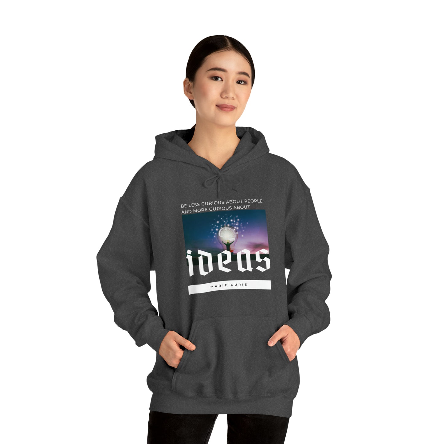 Classic Quotes Hoodie - Marie Curie, 'Be less curious about people and more curious about ideas' - Unisex Heavy Blend™ Hooded Sweatshirt