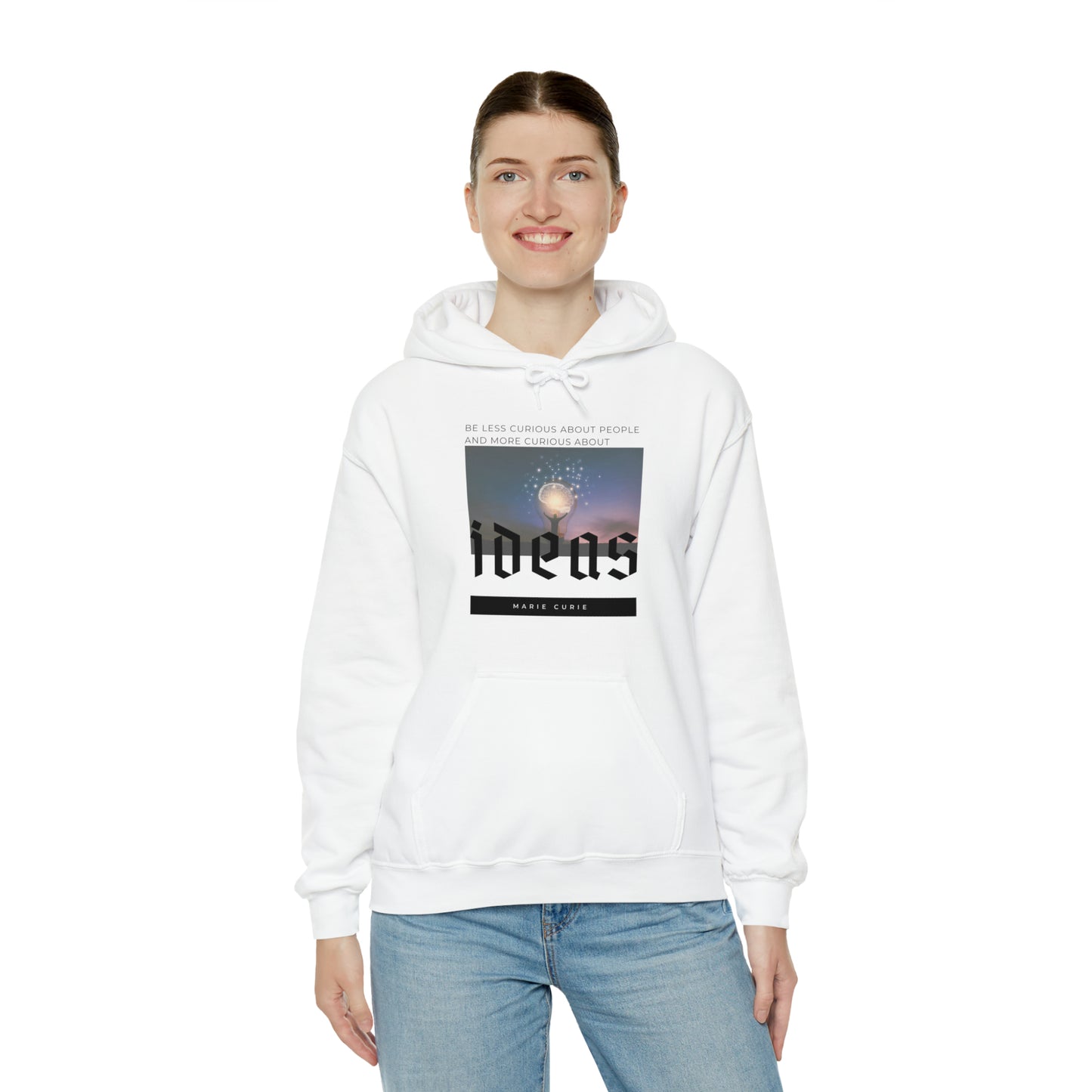 Classic Quotes Hoodie - Marie Curie, 'Be less curious about people and more curious about ideas' - Unisex Heavy Blend™ Hooded Sweatshirt
