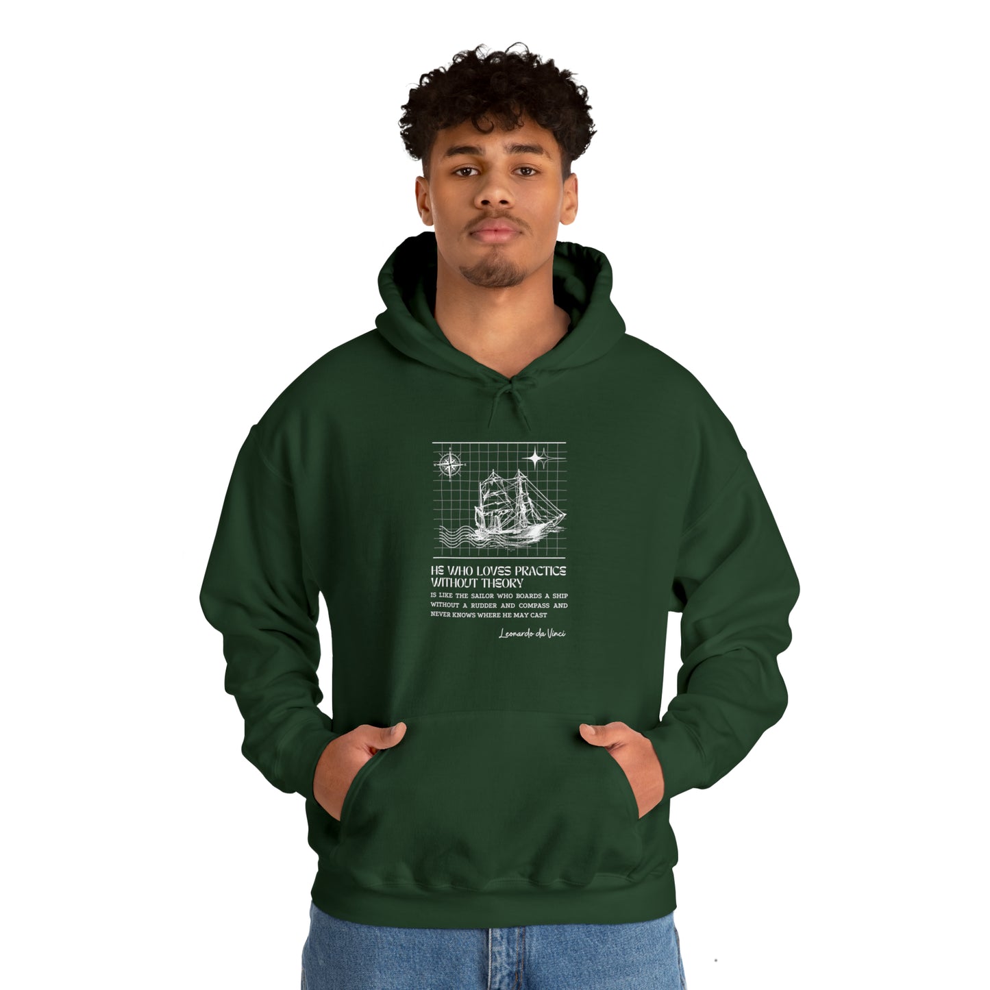 Classic Quotes Hoodie - Leonardo da Vinci, 'He who loves practice without theory is like the sailor who boards a ship without a rudder and compass and never knows where he may cast' - Unisex Heavy Blend™ Hooded Sweatshirt