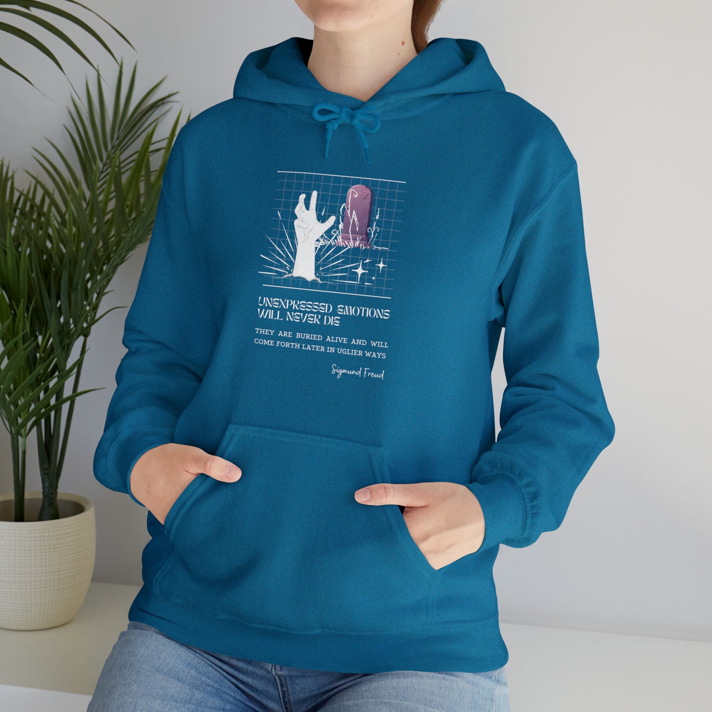 Classic Quotes Hoodie - Sigmund Freud, 'Unexpressed emotions will never die. They are buried alive and will come forth later in uglier ways' - Unisex Heavy Blend™ Hooded Sweatshirt