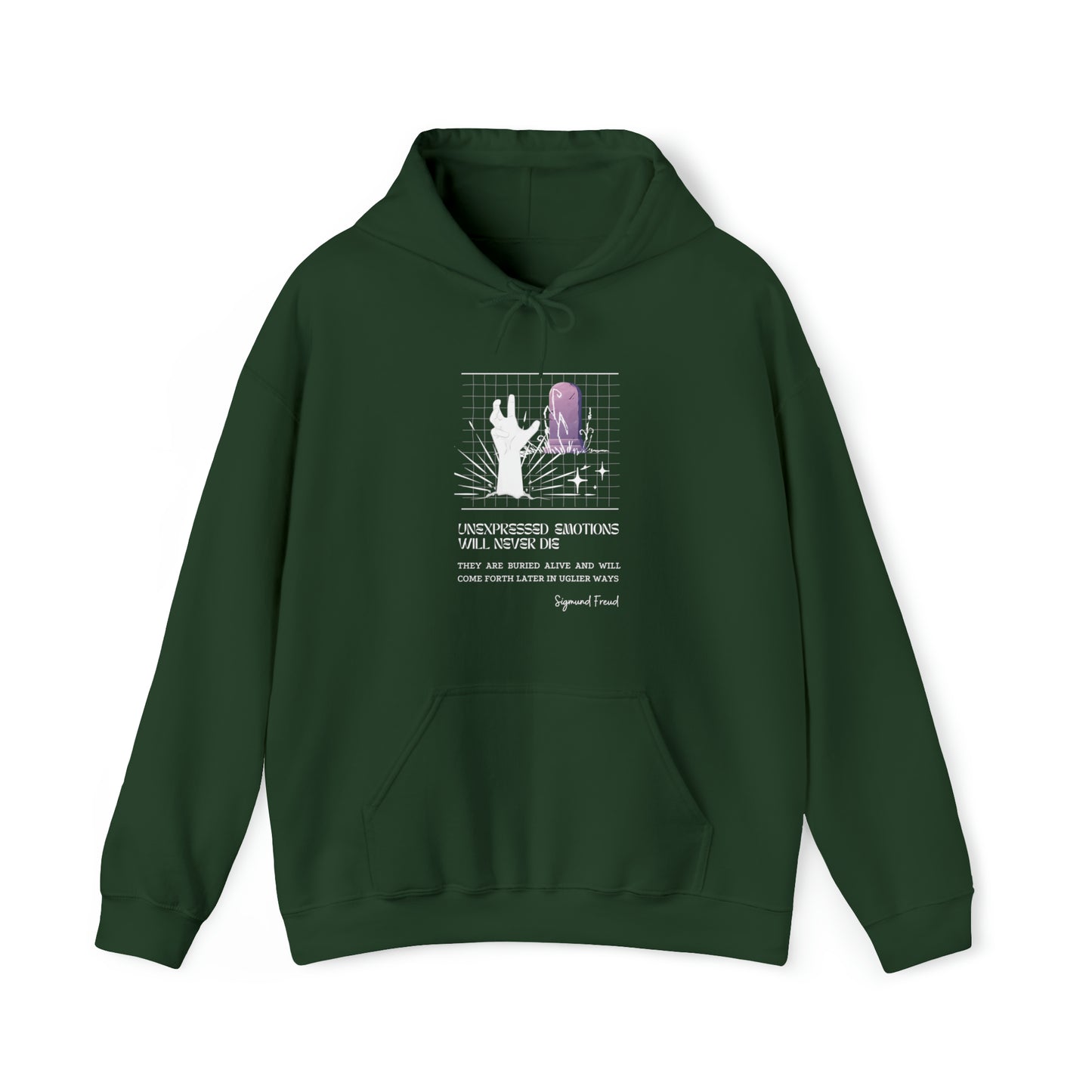 Classic Quotes Hoodie - Sigmund Freud, 'Unexpressed emotions will never die. They are buried alive and will come forth later in uglier ways' - Unisex Heavy Blend™ Hooded Sweatshirt