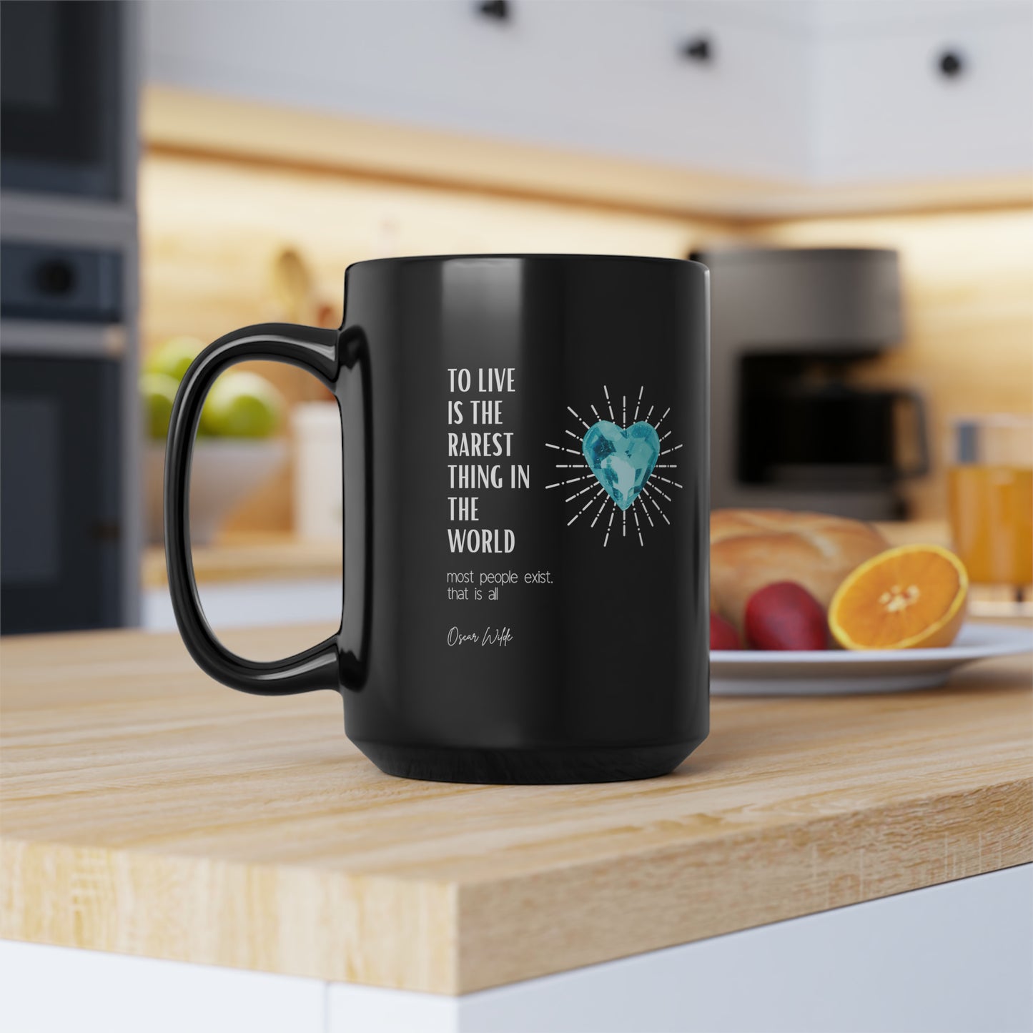 Classic Quotes Black Mug - Oscar Wilde 'To live is the rarest thing in the world. Most people exist, that is all' - Black Mug, 15oz