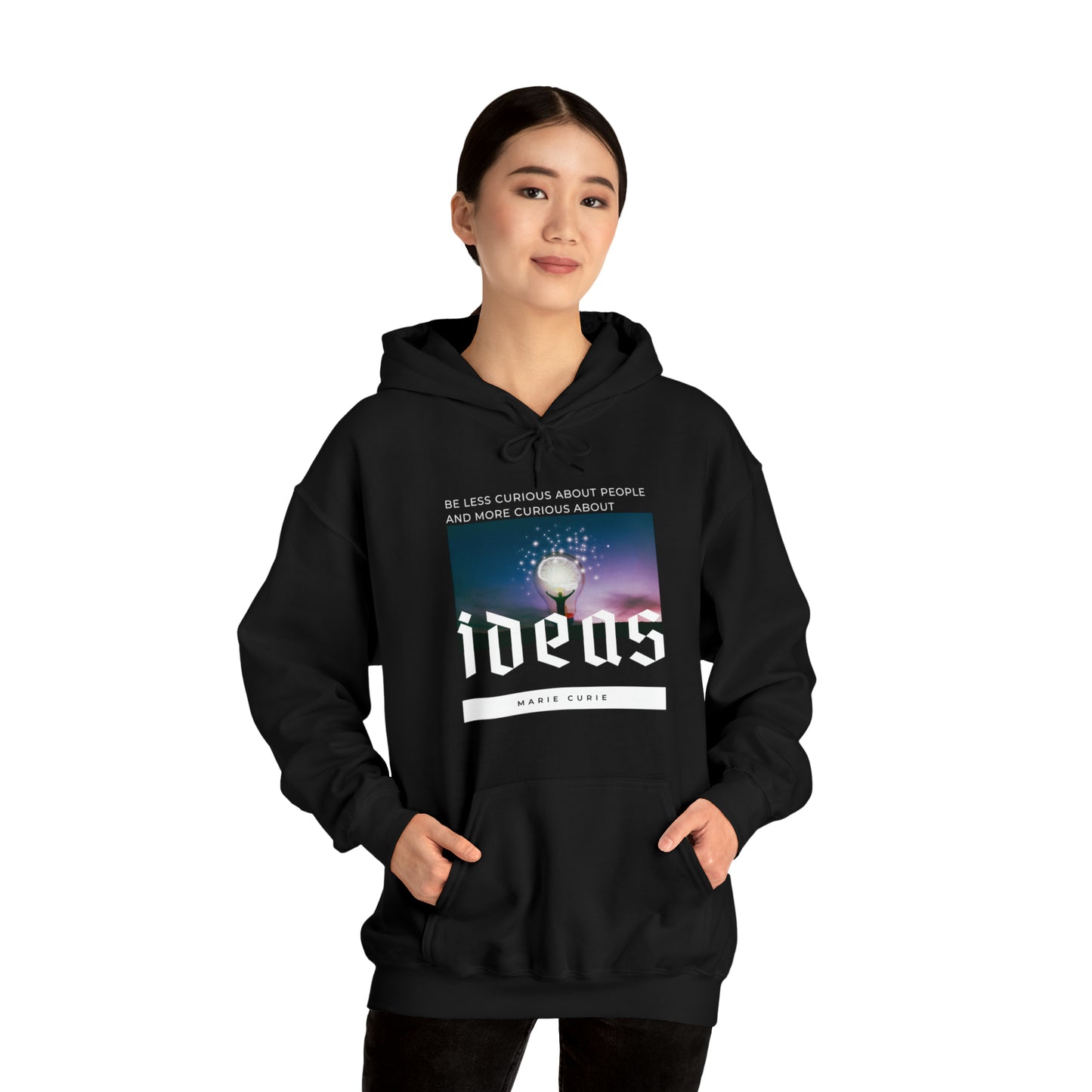 Classic Quotes Hoodie - Marie Curie, 'Be less curious about people and more curious about ideas' - Unisex Heavy Blend™ Hooded Sweatshirt