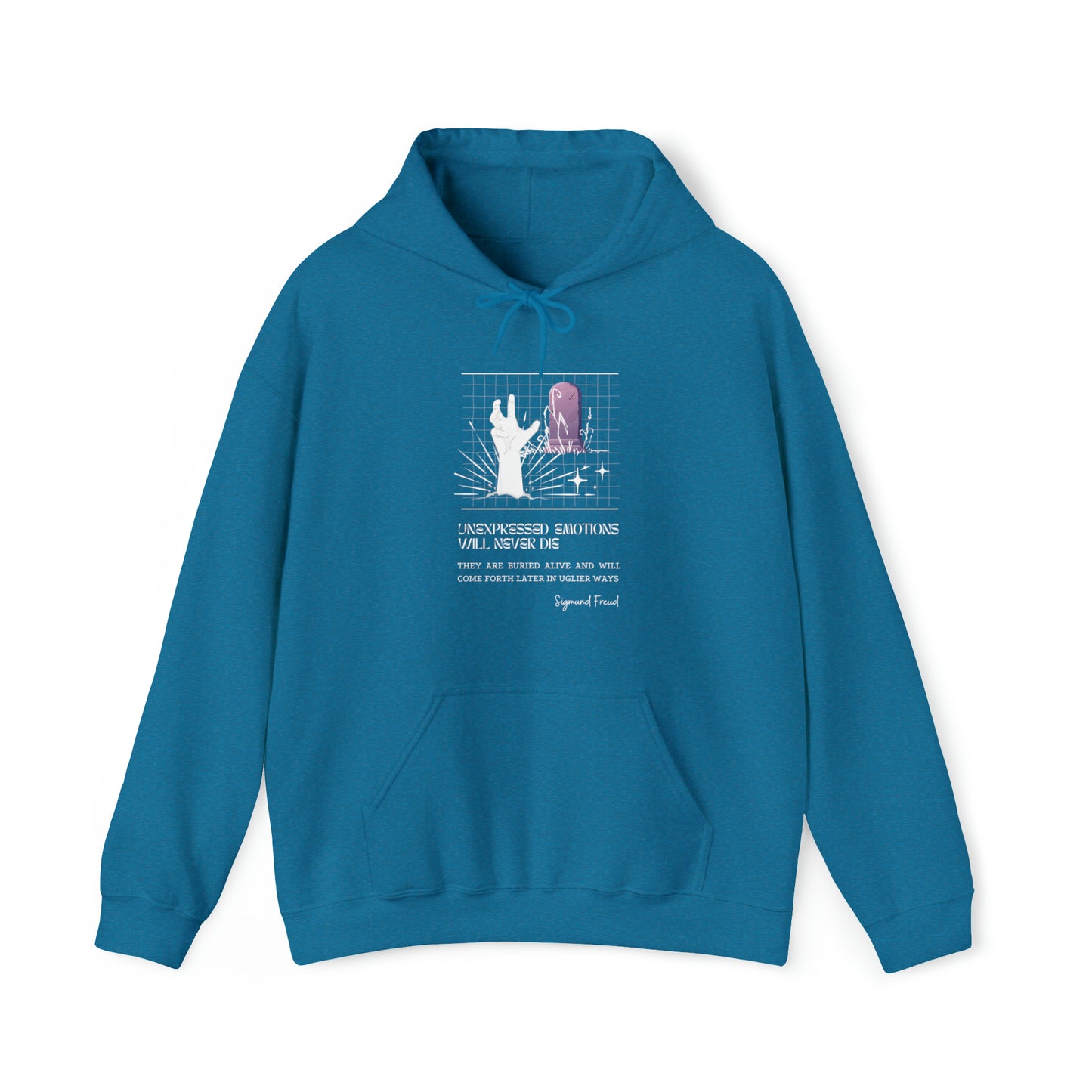 Classic Quotes Hoodie - Sigmund Freud, 'Unexpressed emotions will never die. They are buried alive and will come forth later in uglier ways' - Unisex Heavy Blend™ Hooded Sweatshirt