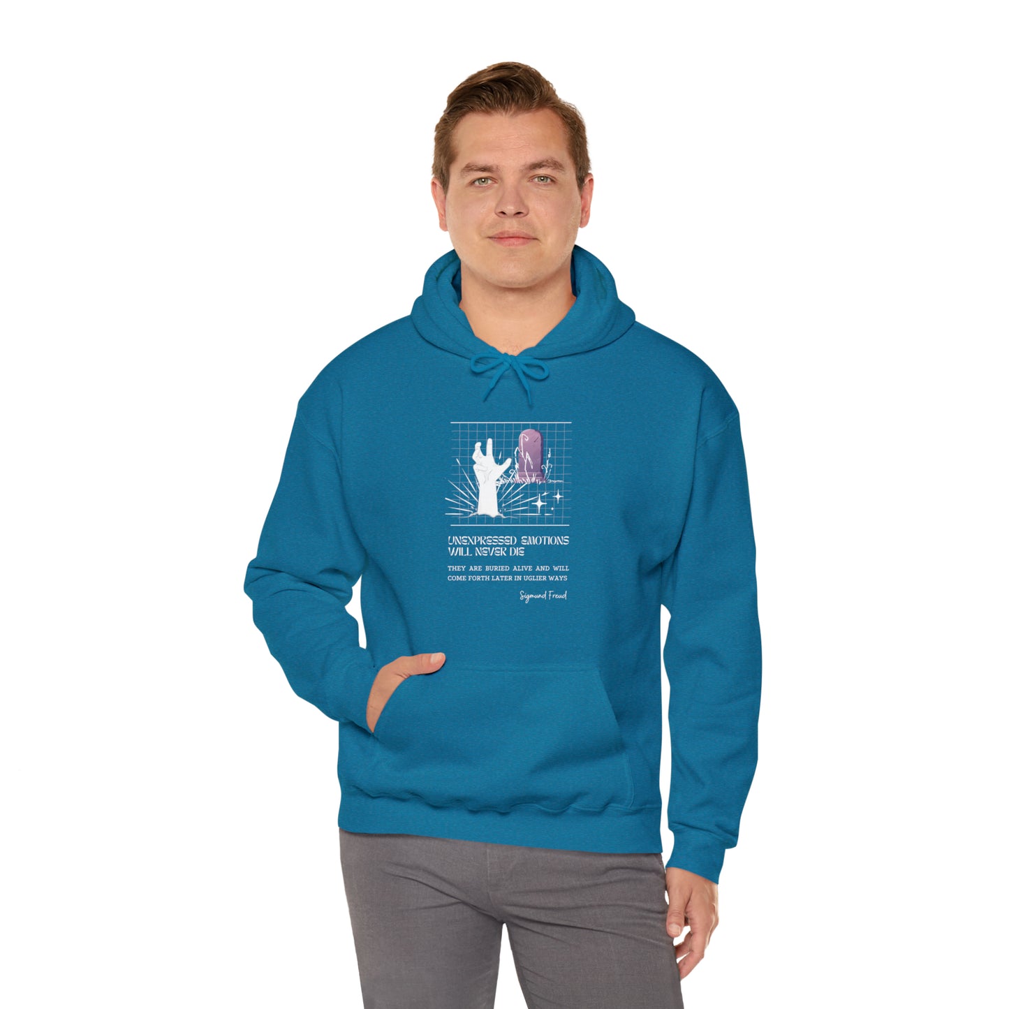 Classic Quotes Hoodie - Sigmund Freud, 'Unexpressed emotions will never die. They are buried alive and will come forth later in uglier ways' - Unisex Heavy Blend™ Hooded Sweatshirt