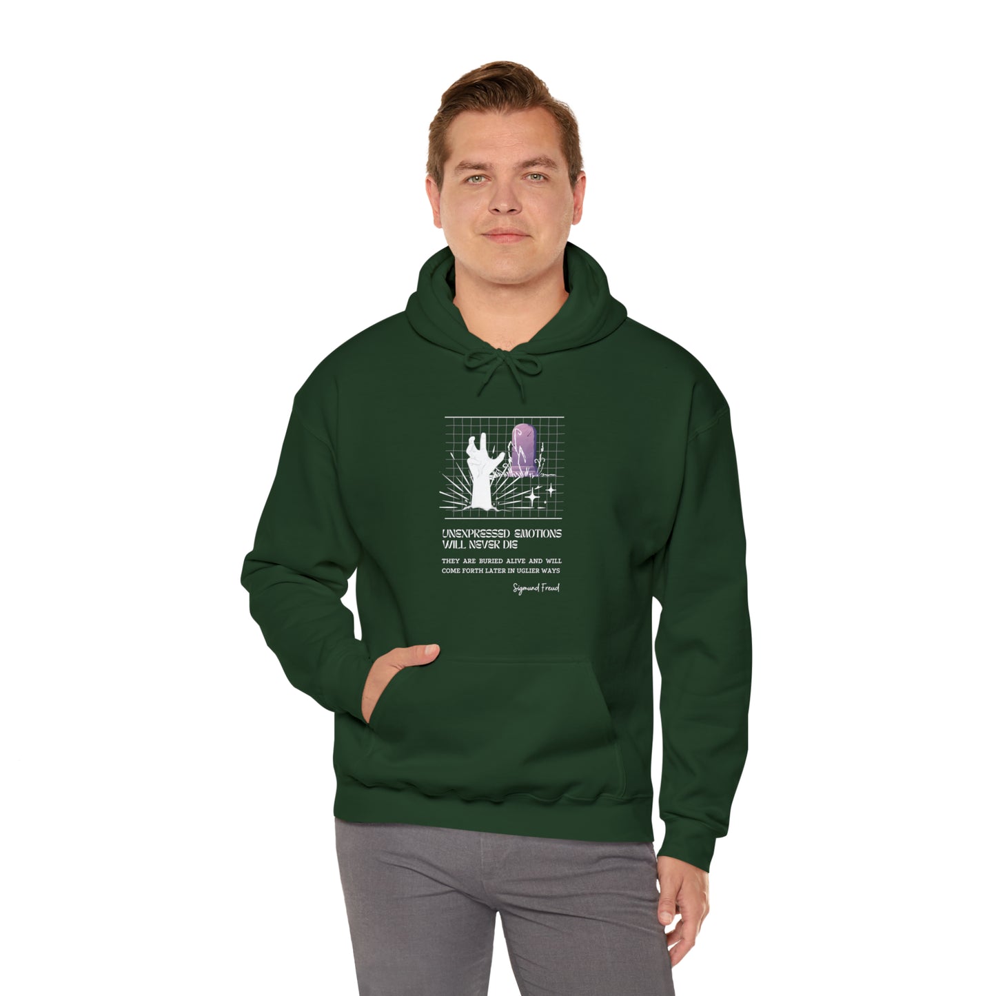 Classic Quotes Hoodie - Sigmund Freud, 'Unexpressed emotions will never die. They are buried alive and will come forth later in uglier ways' - Unisex Heavy Blend™ Hooded Sweatshirt