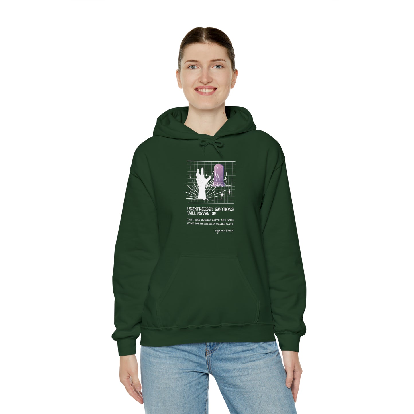 Classic Quotes Hoodie - Sigmund Freud, 'Unexpressed emotions will never die. They are buried alive and will come forth later in uglier ways' - Unisex Heavy Blend™ Hooded Sweatshirt