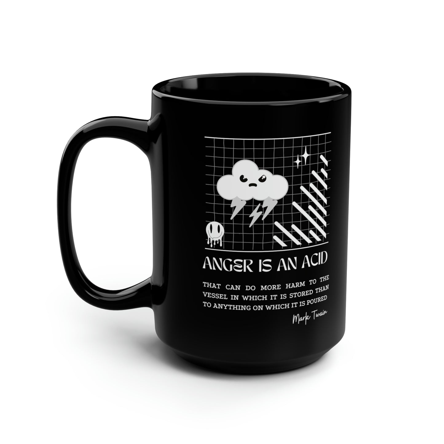 Classic Quotes Black Mug - Mark Twain, 'Anger is an acid that can do more harm to the vessel in which it is stored than to anything on which it is poured' - 15oz Black Mug