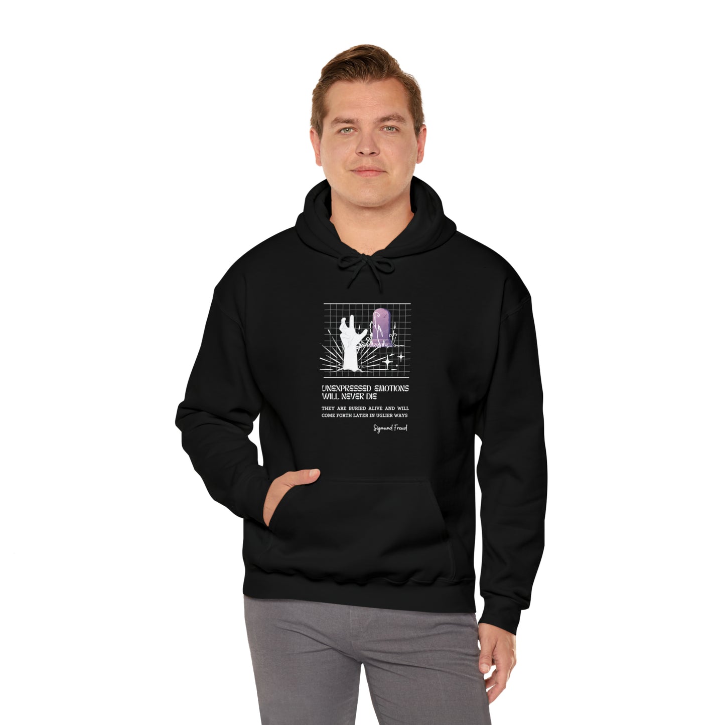 Classic Quotes Hoodie - Sigmund Freud, 'Unexpressed emotions will never die. They are buried alive and will come forth later in uglier ways' - Unisex Heavy Blend™ Hooded Sweatshirt