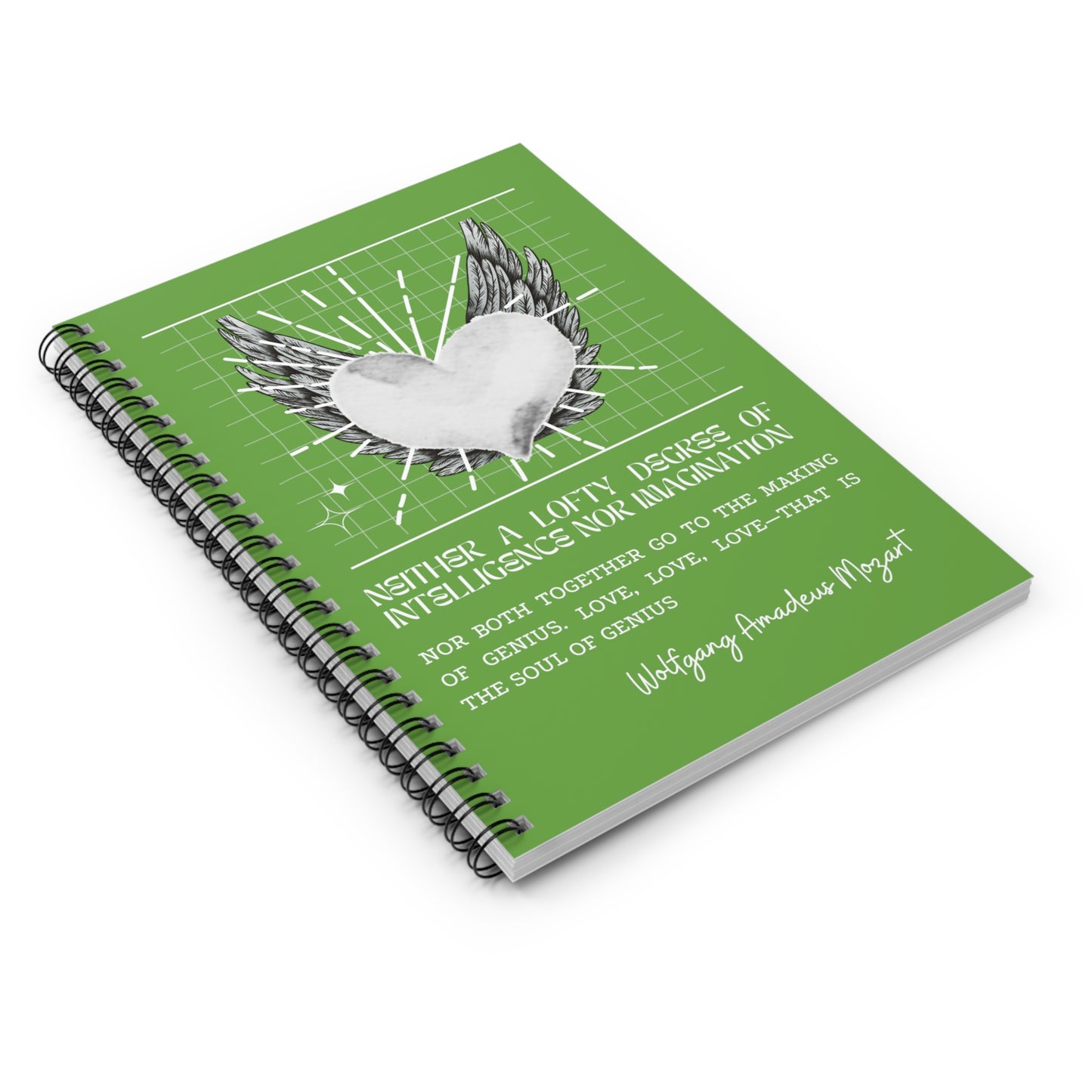 Classic Quotes Spiral Notebook - Wolfgang Amadeus Mozart, 'Neither a lofty degree of intelligence nor imagination nor both together go to the making of genius. Love, love, love—that is the soul of genius' - Spiral Notebook - Ruled Line