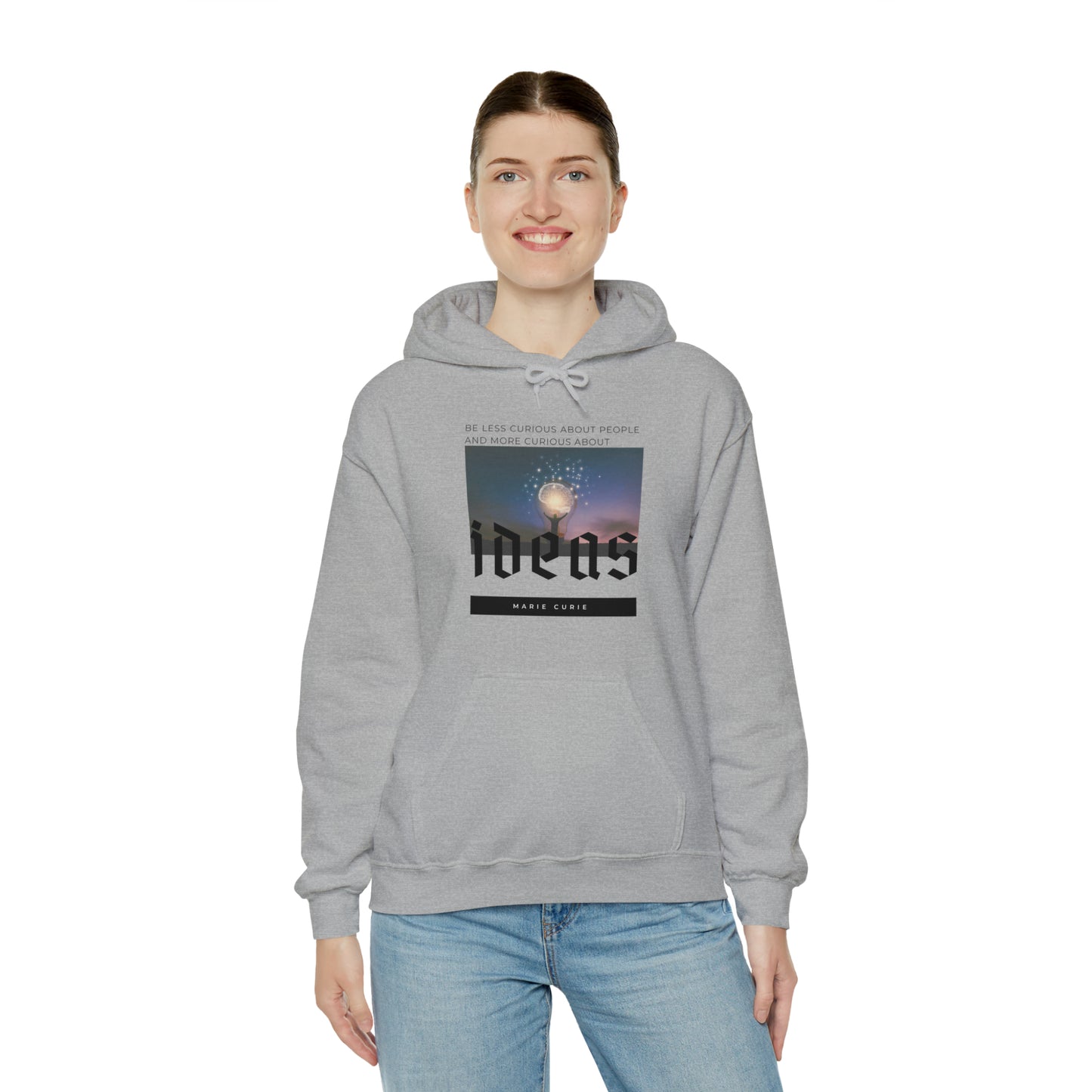Classic Quotes Hoodie - Marie Curie, 'Be less curious about people and more curious about ideas' - Unisex Heavy Blend™ Hooded Sweatshirt